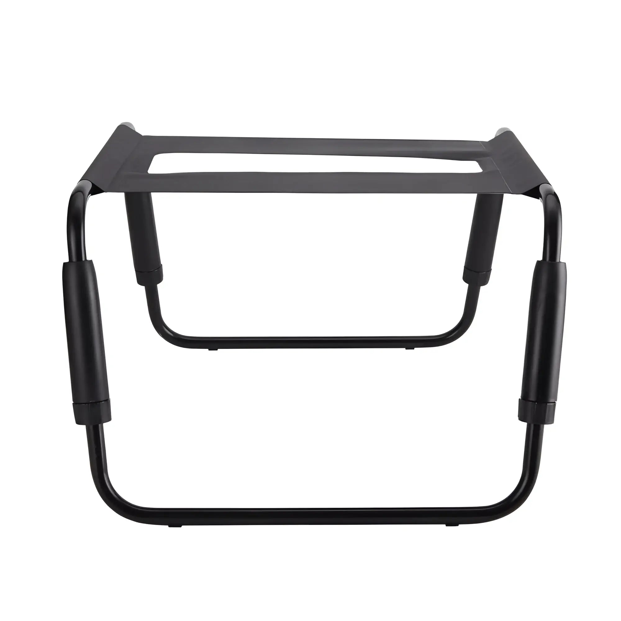 Daytona sex chair with adjustable height black metal frame padded armrests and rectangular black tpu seat