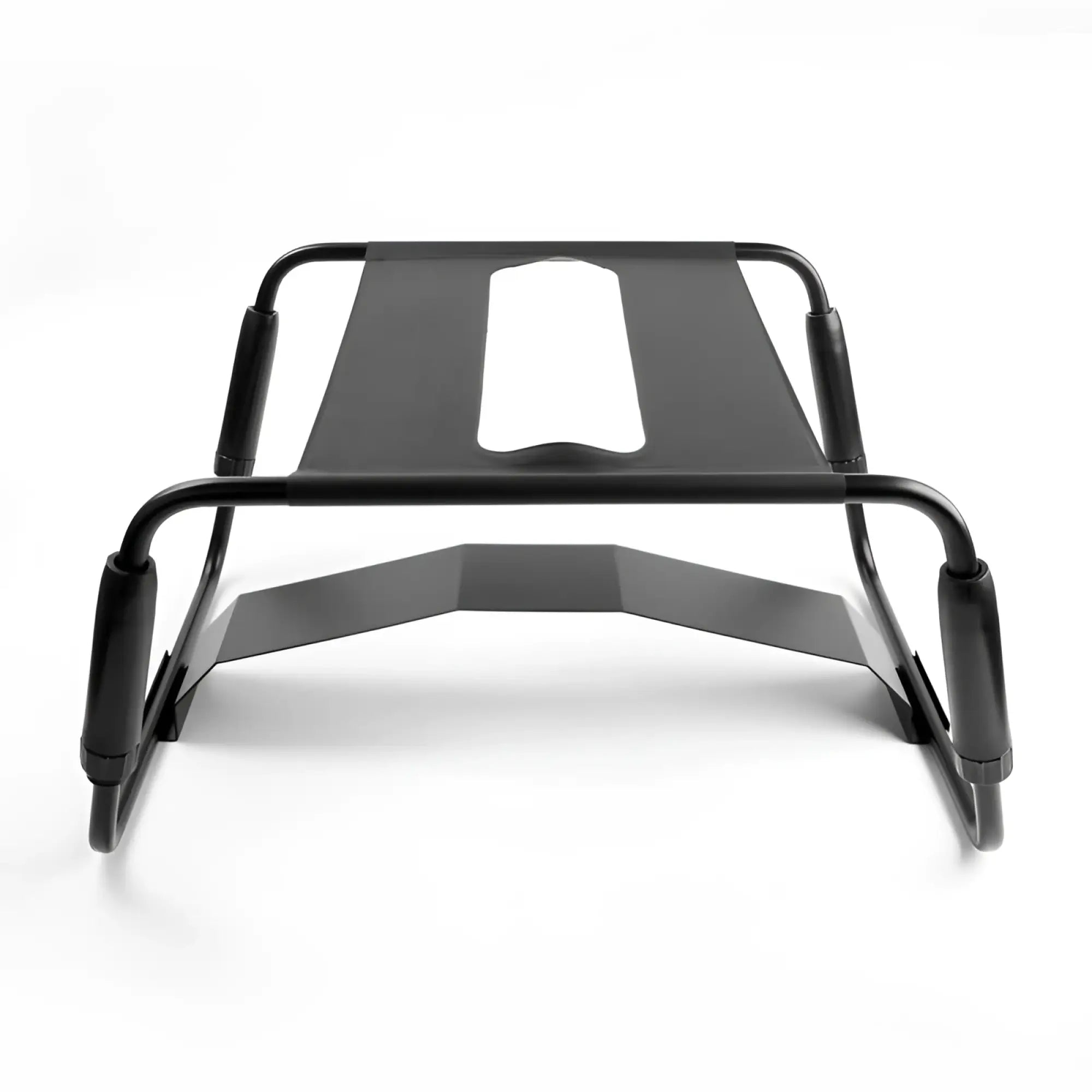 Black metal daytona sex chair adjustable height laptop stand with padded armrests and central screen support cutout