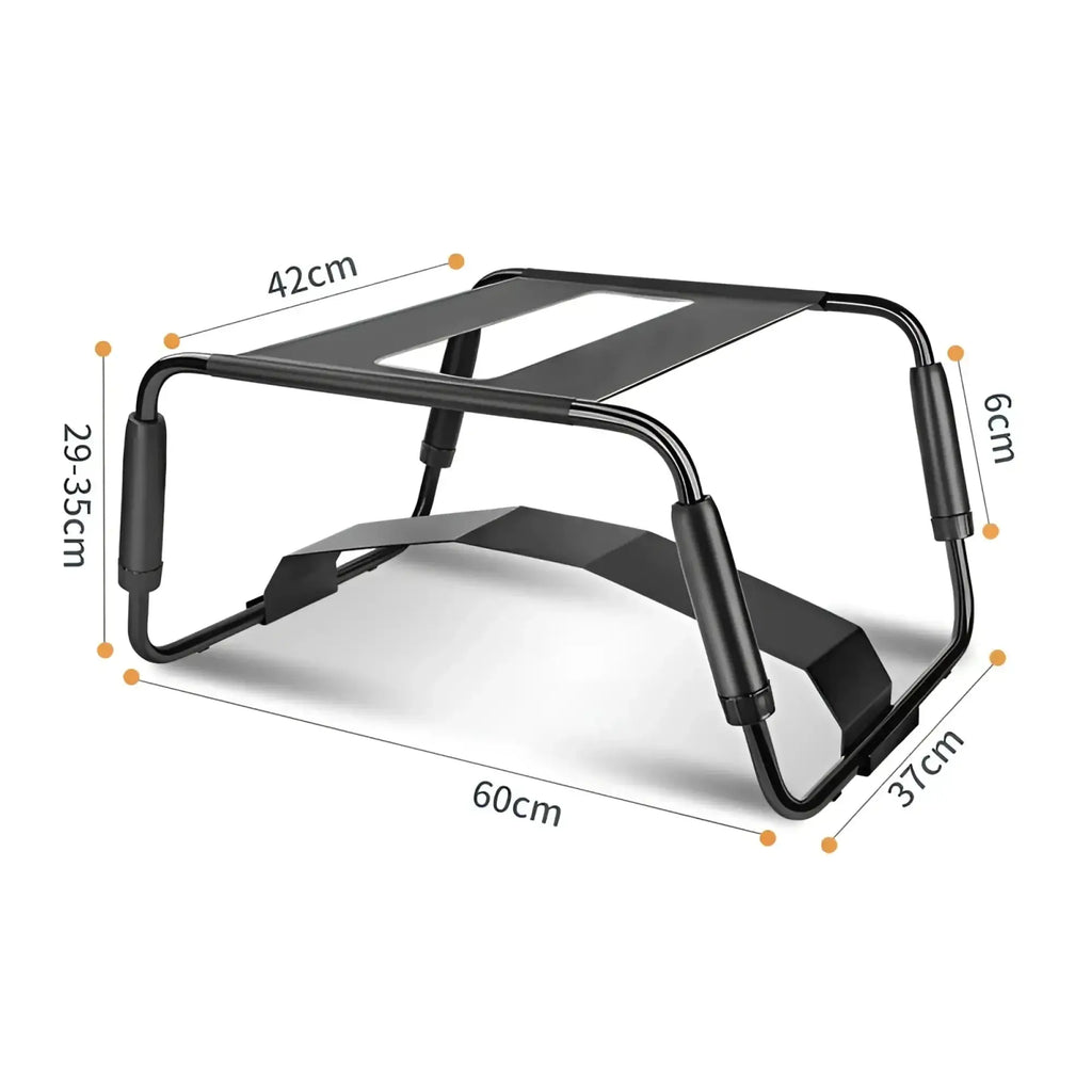 Black metal laptop stand with padded armrests and adjustable height shown from the back for ergonomic use