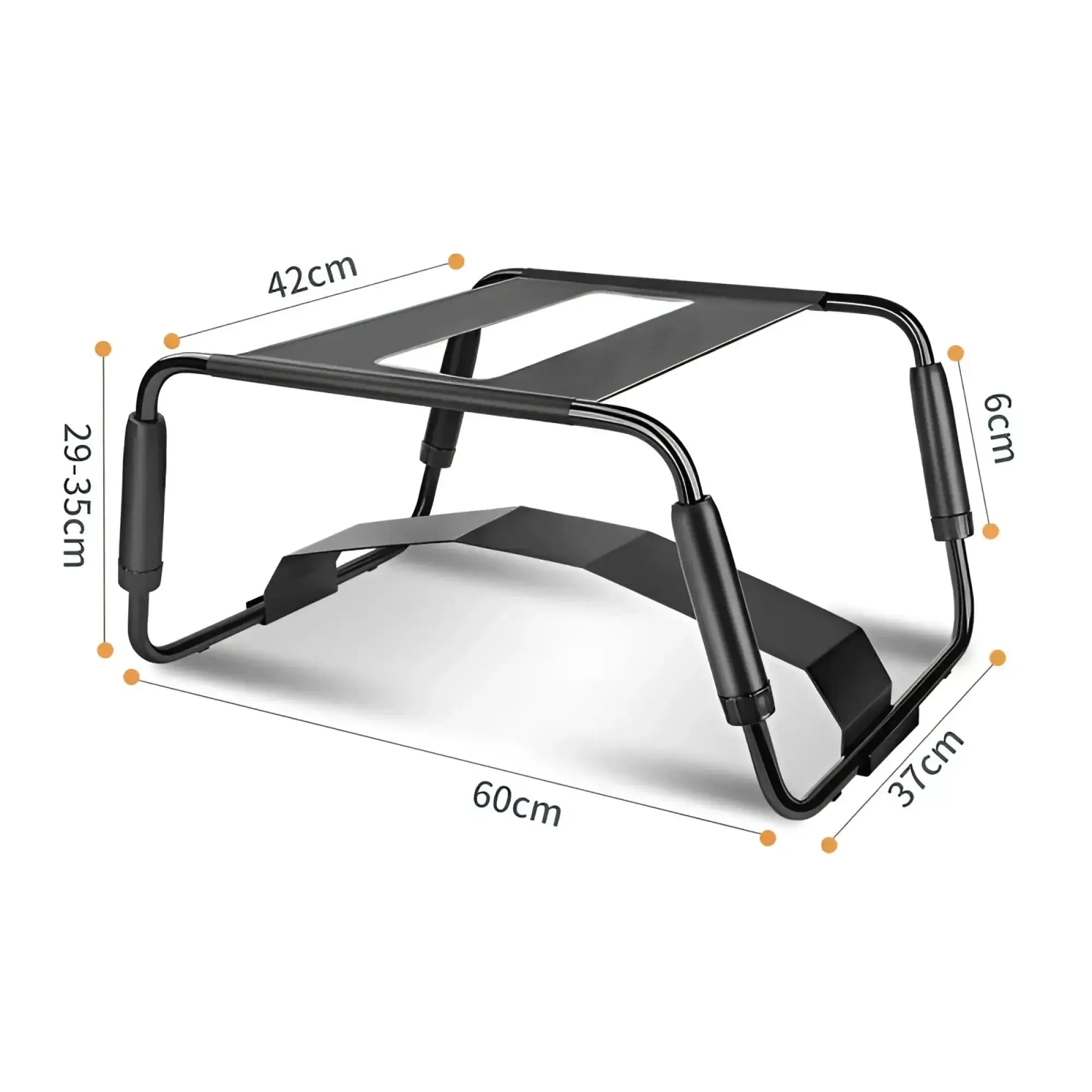 Black metal laptop stand with padded armrests and adjustable height shown from the back for ergonomic use