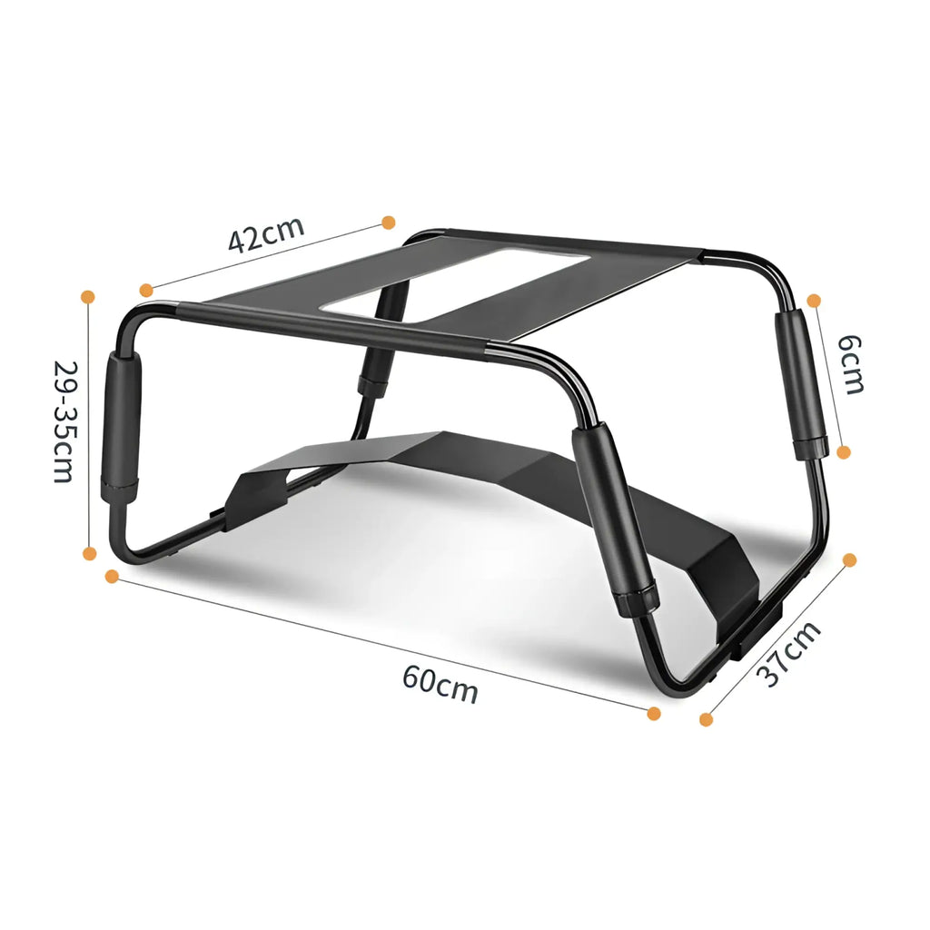 Black metal laptop stand with padded armrests and adjustable height shown from the back for ergonomic use