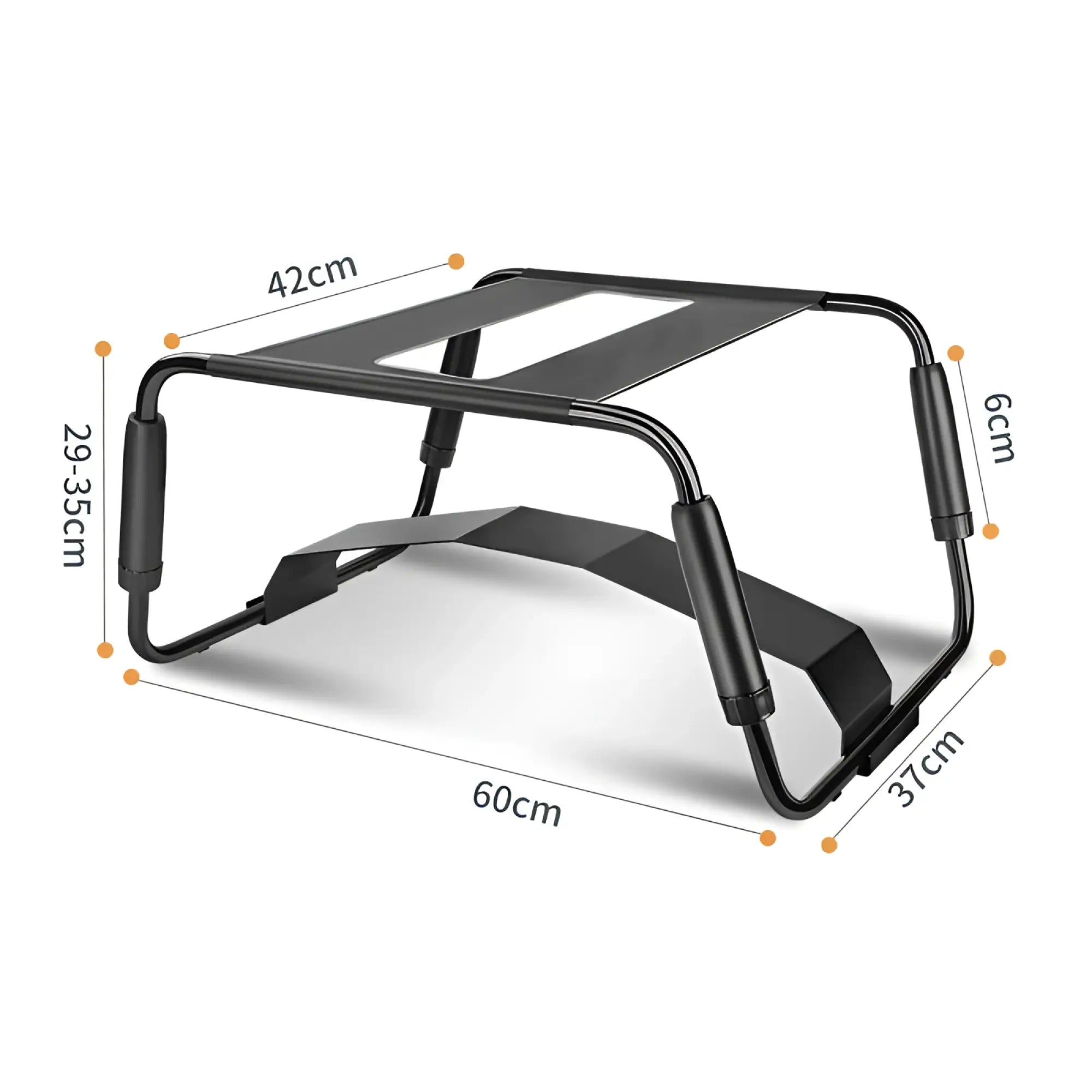 Black metal laptop stand with padded armrests and adjustable height shown from the back for ergonomic use