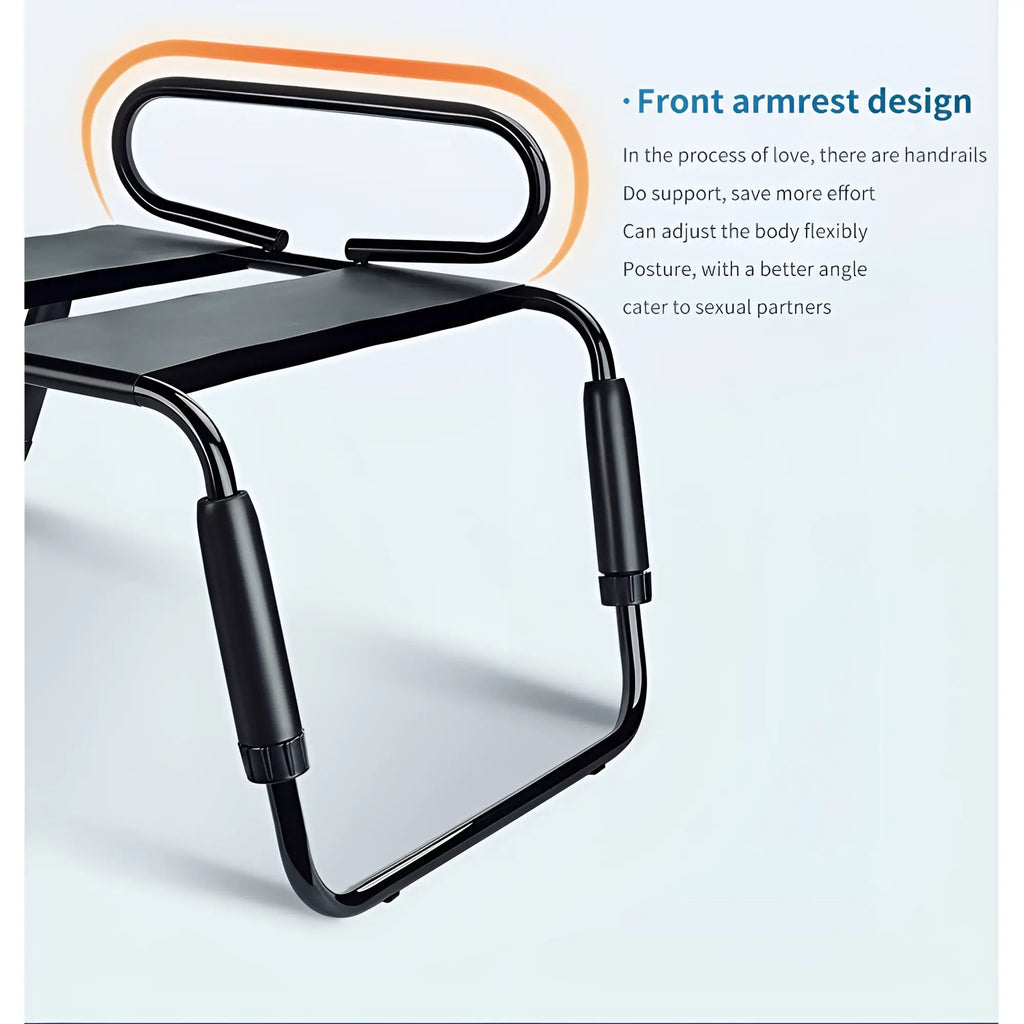 Black metal frame daytona sex chair with padded armrests adjustable handrails and arch bridge for support