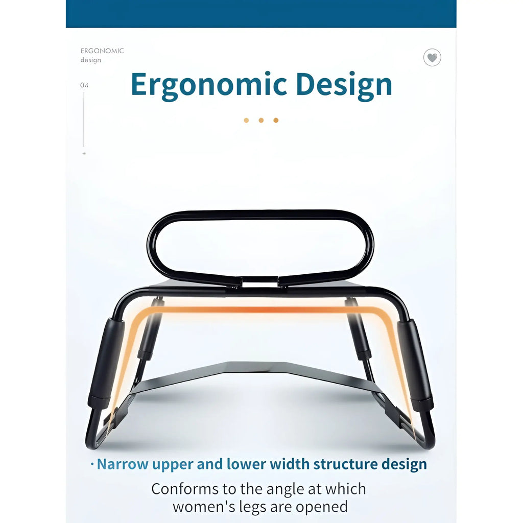 Black metal leg support on daytona sex chair with ergonomic narrow widths designed to fit women’s leg angles