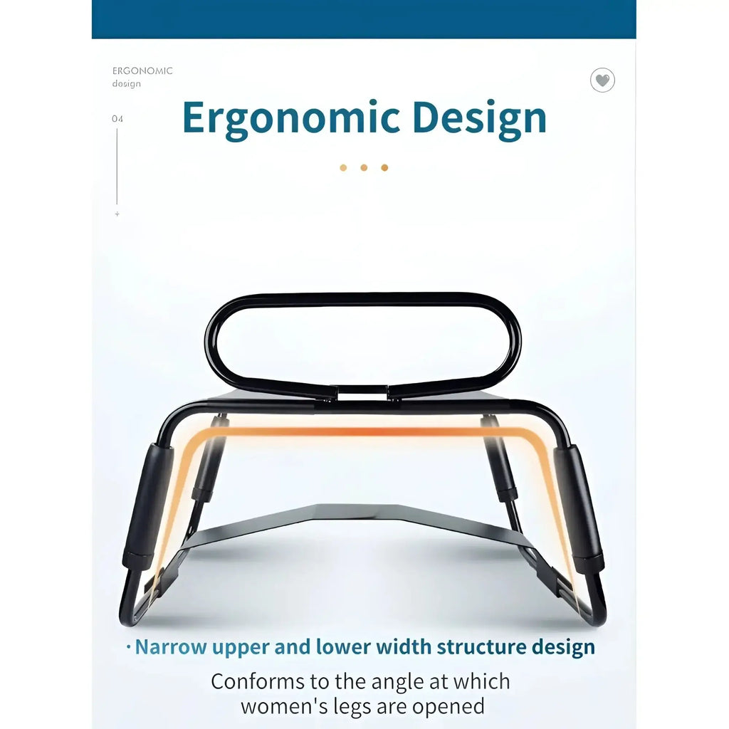 Black metal leg support on daytona sex chair with ergonomic narrow widths designed to fit women’s leg angles