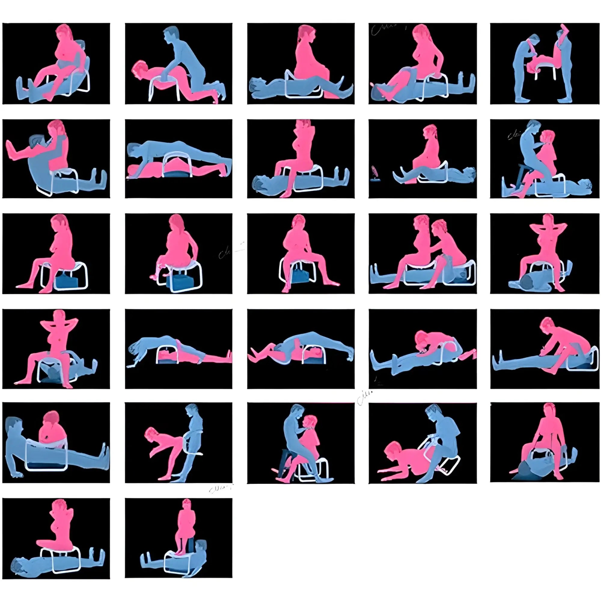 A grid of stylized pink and blue silhouettes shows sexual positions against a black background for daytona sex chair use