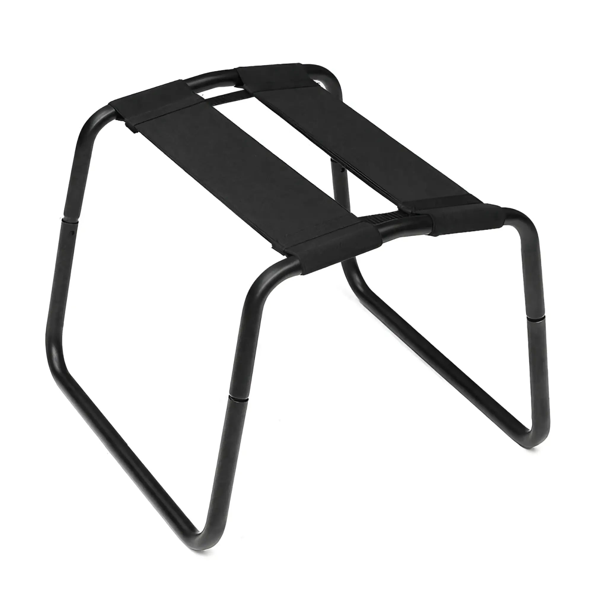 Daytona sex chair with pillow featuring a black metal frame and black fabric straps for portable kneeling or sitting