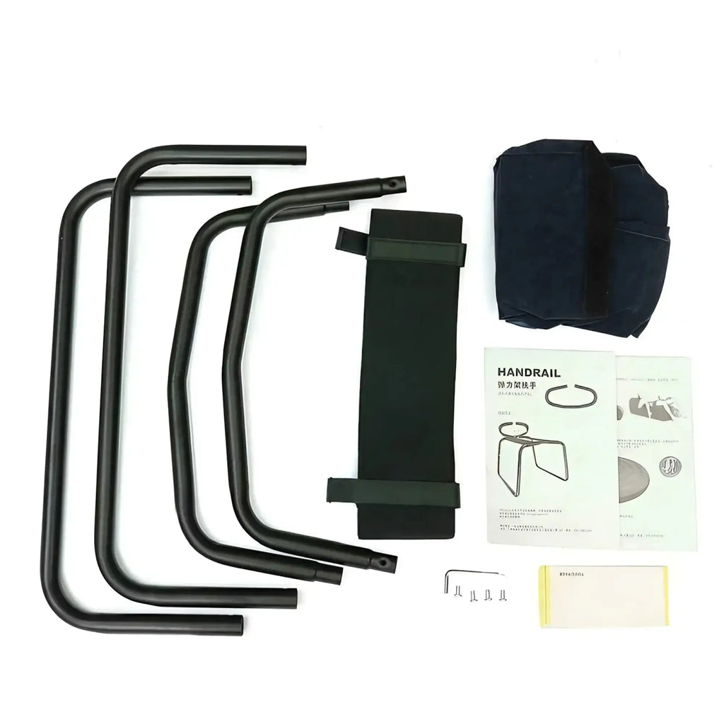Black metal handrail kit with padded fabric straps and mounting hardware for daytona sex chair with pillow