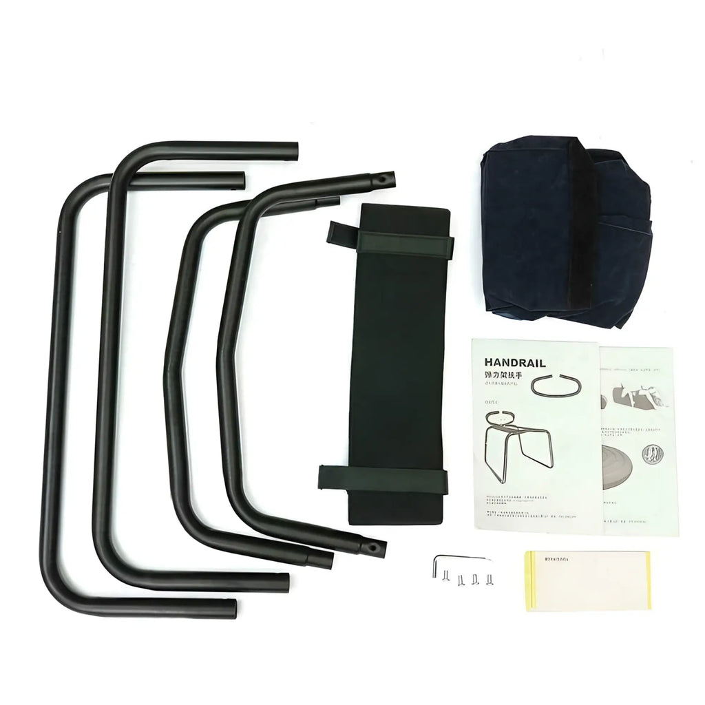 Black metal handrail kit with padded fabric straps and mounting hardware for daytona sex chair with pillow