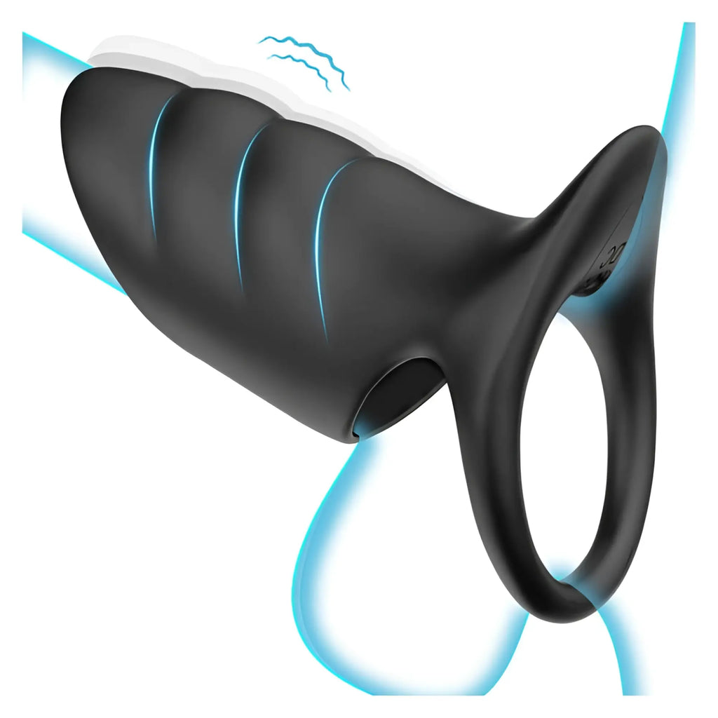 Black silicone daytona surge vibrating cock ring with curved ergonomic design and glowing blue light accents