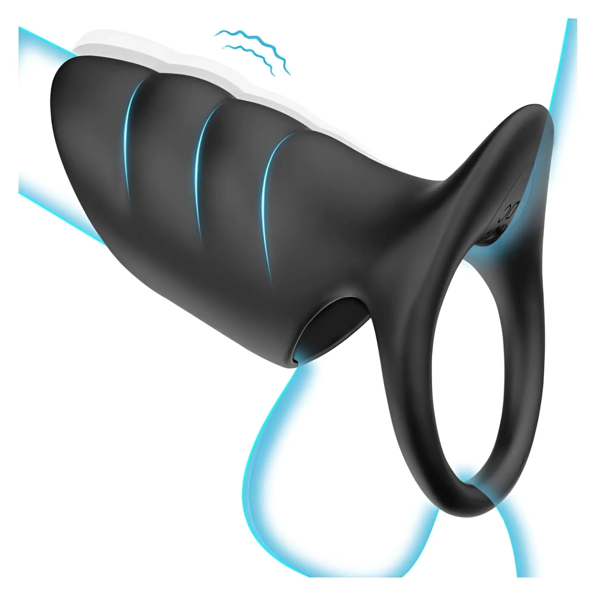 Black silicone daytona surge vibrating cock ring with curved ergonomic design and glowing blue light accents