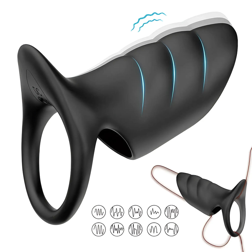 Daytona surge vibrating penis sleeve cock ring in black silicone with blue glowing vibration pattern lines