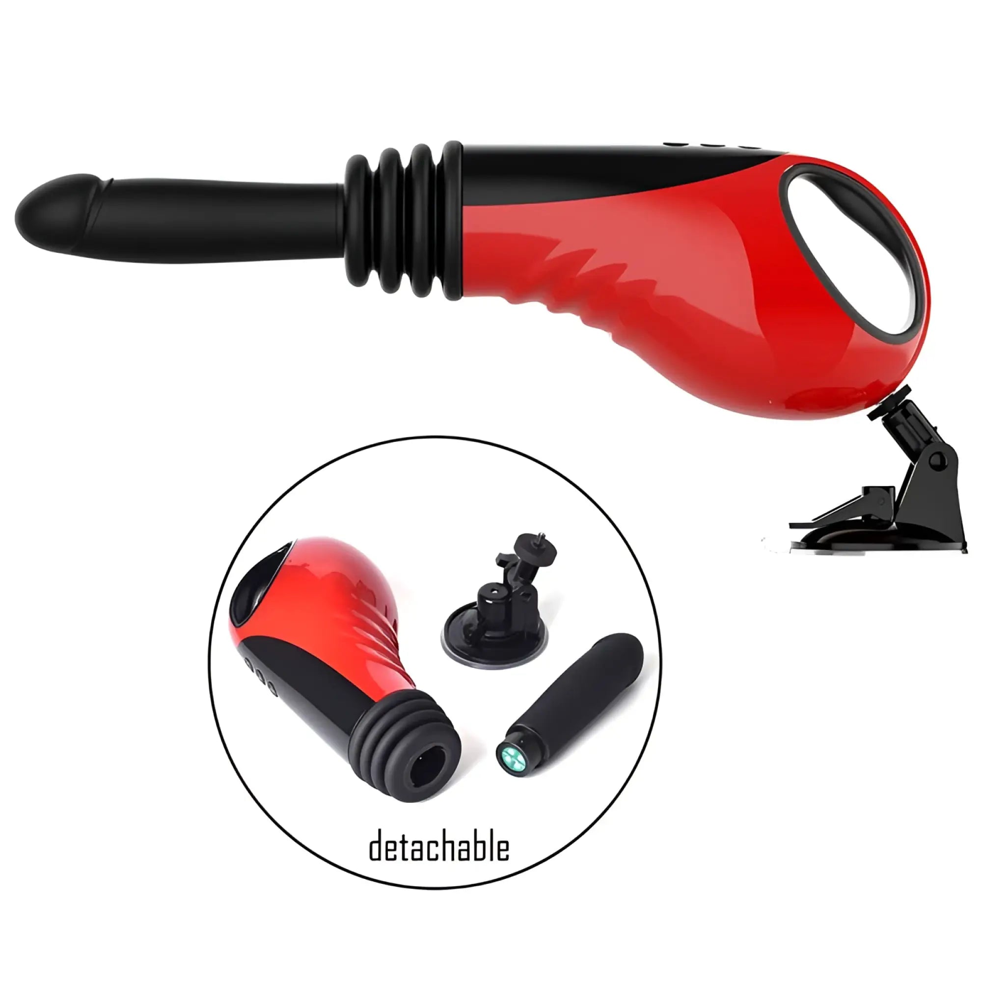 Daytona thrusting vibrating fuck machine in red and black with glossy finish, curved handle, and detachable parts