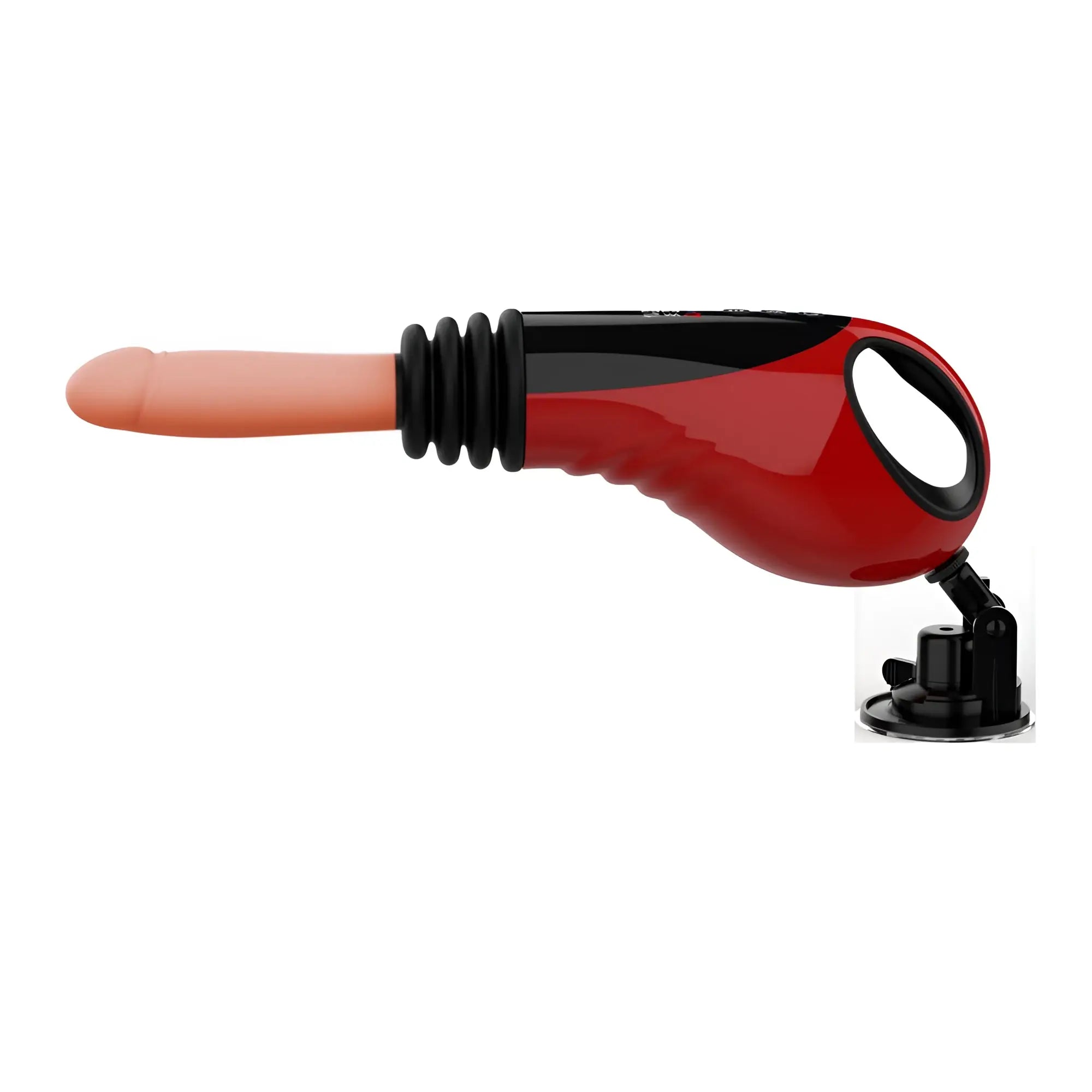 Red and black handheld thrusting vibrating fuck machine with a peach silicone head designed for intense pleasure