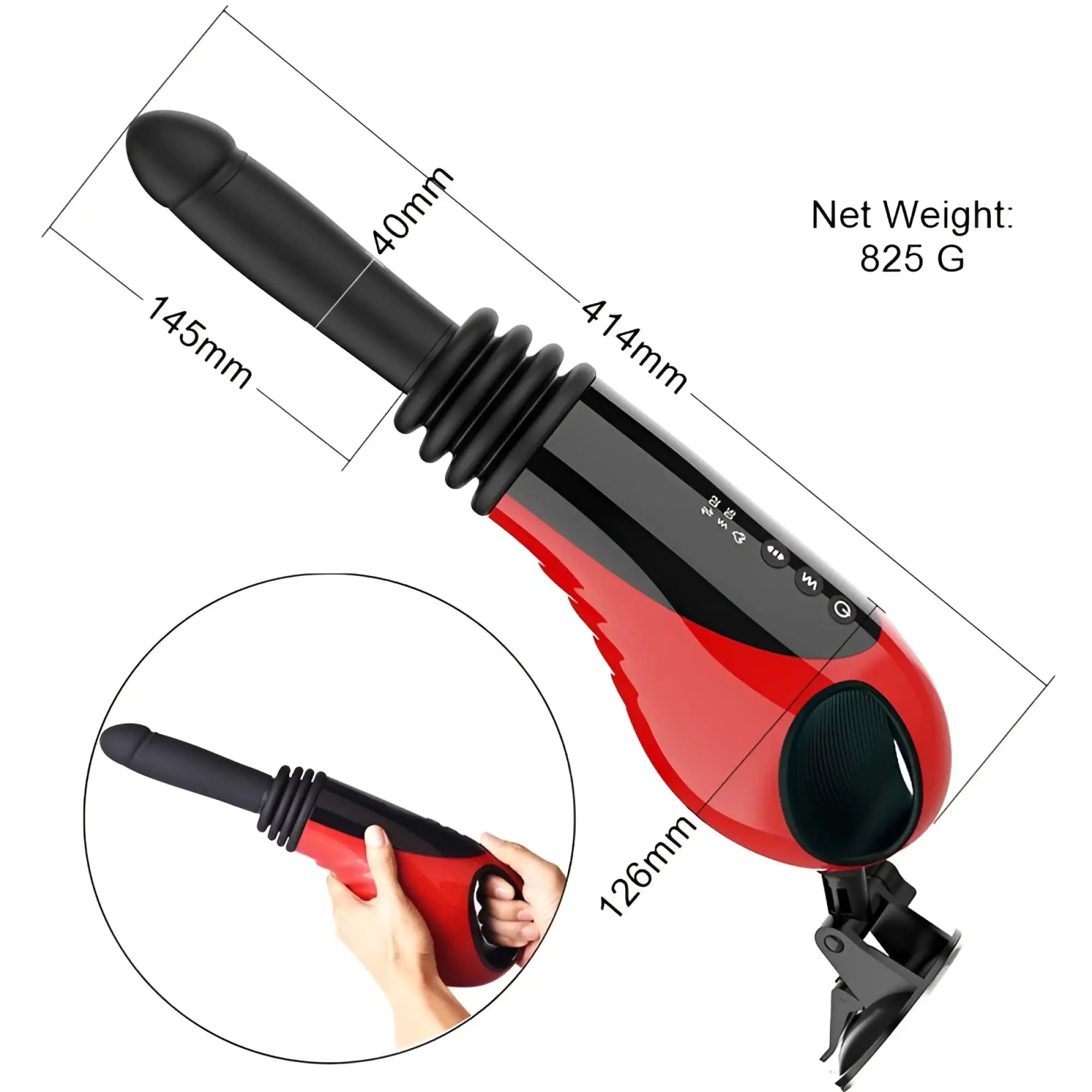 Red and black handheld daytona thrusting vibrating fuck machine with textured grip control buttons and attached clip