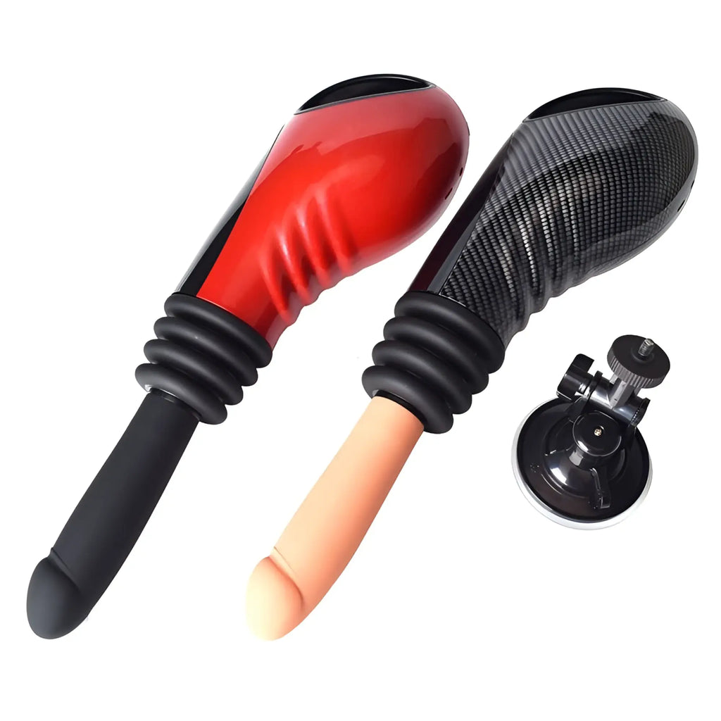 Red and black silicone Daytona thrusting vibrating fuck machine with carbon fiber grip and adjustable suction cup mount