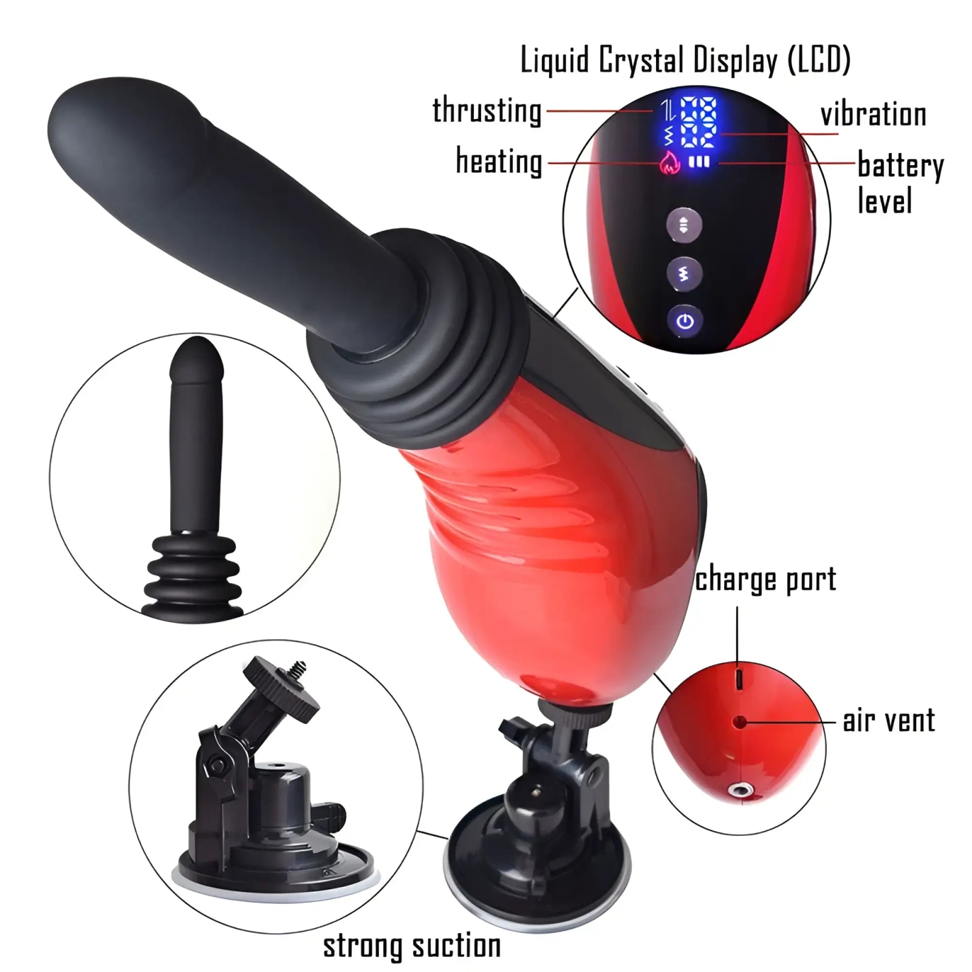 Daytona thrusting vibrating fuck machine in red and black silicone with digital display and control buttons for thrusting heating vibration and battery level