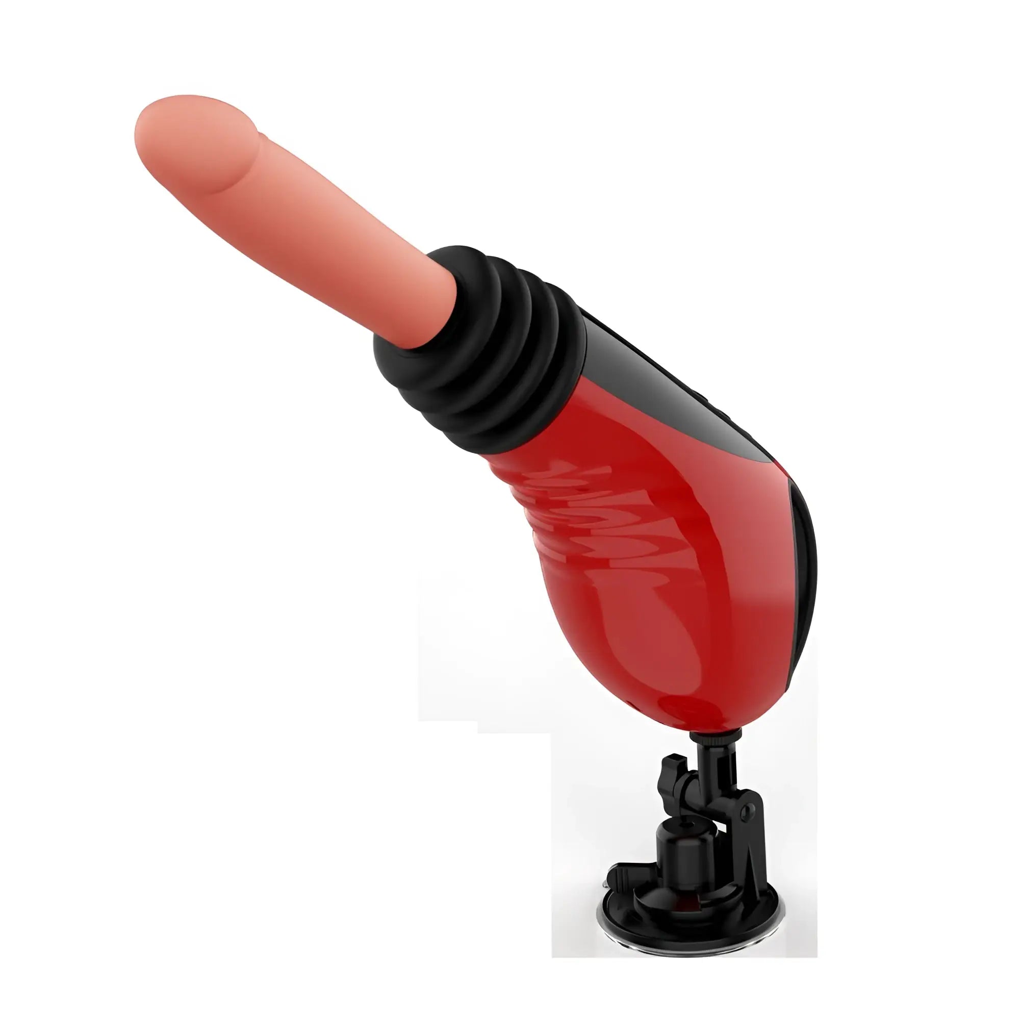 Red and black silicone dildo with suction cup base for Dayton thrusting vibrating fuck machine