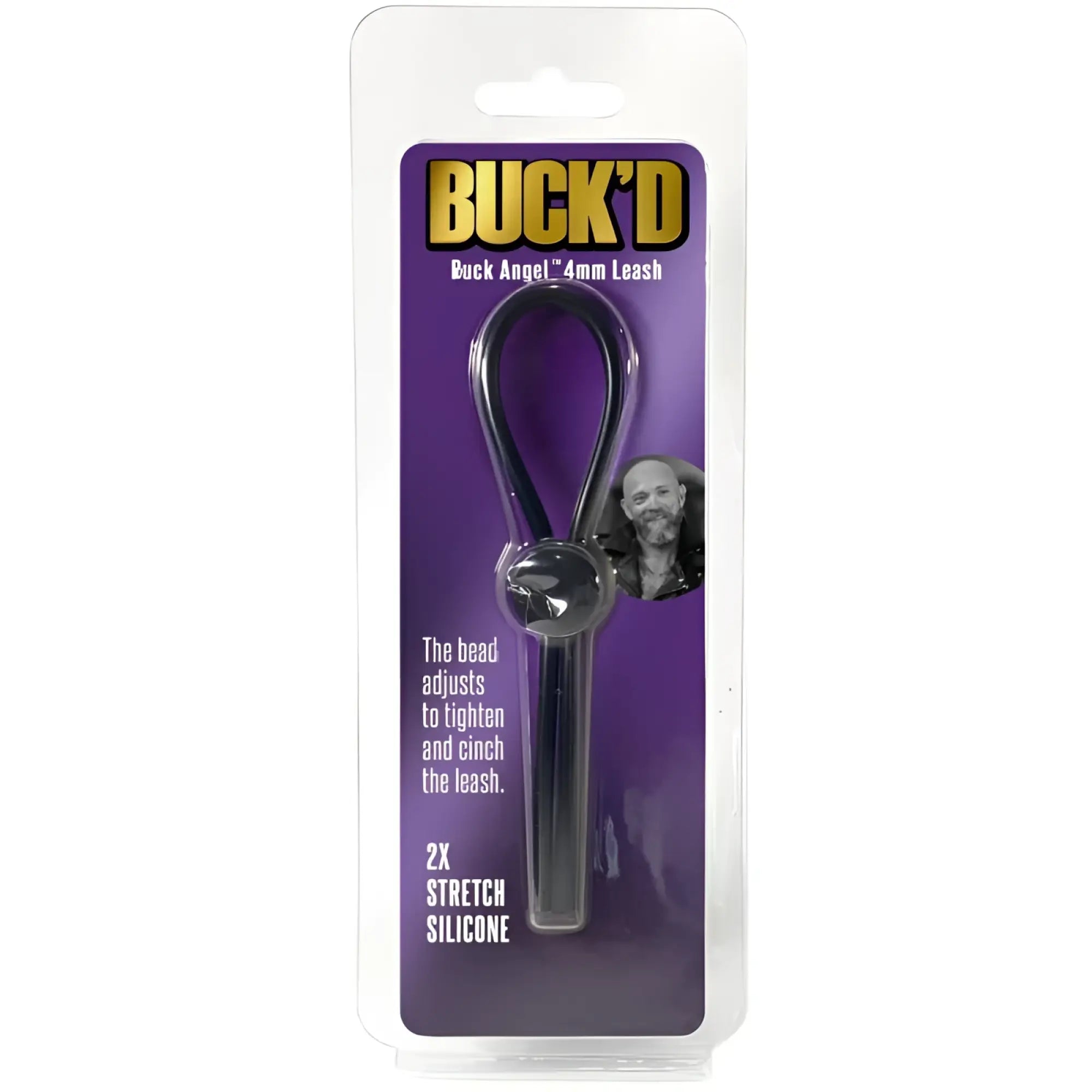 Black 4mm silicone demon kat buckd leash with adjustable bead in purple and white blister pack packaging