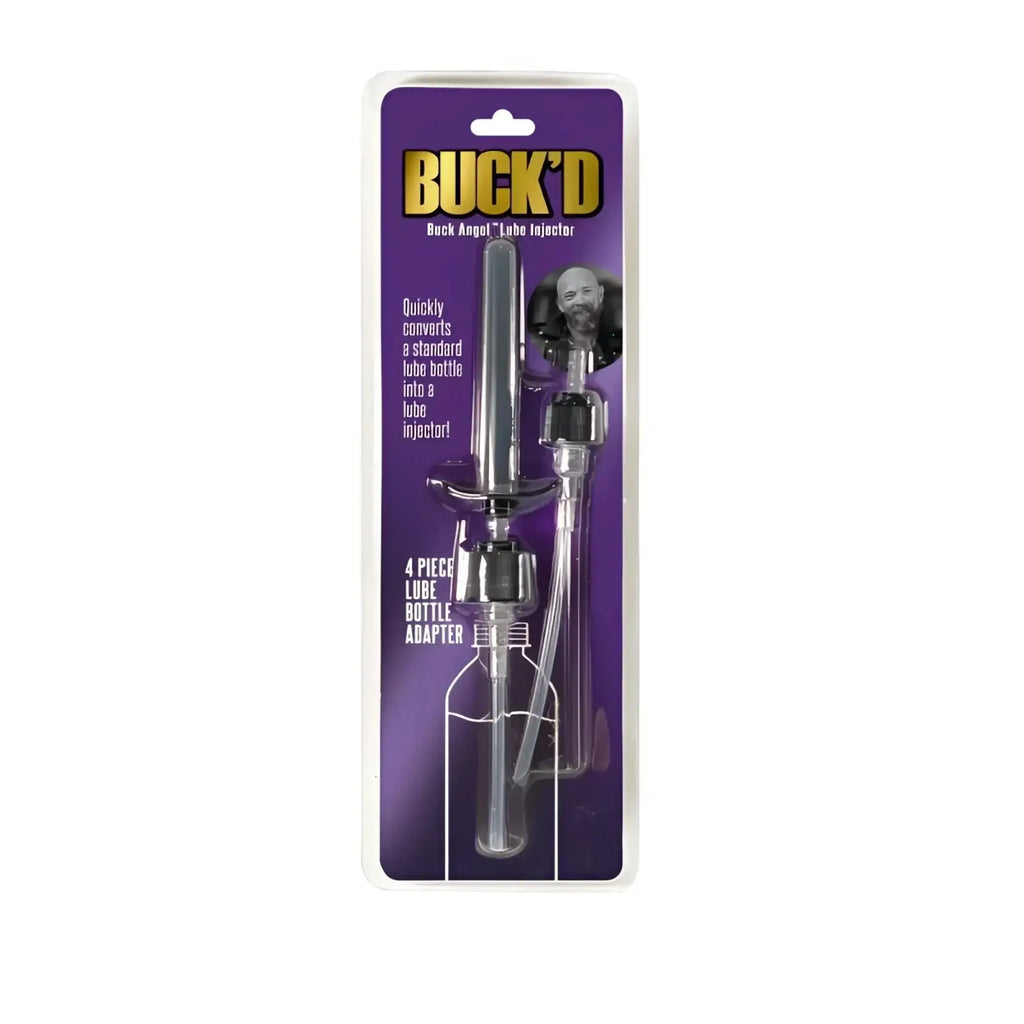 Demon Kat Buckd Lube Injector 4 pc bottle adapter featuring clear plastic bodies and black caps for precise lubrication