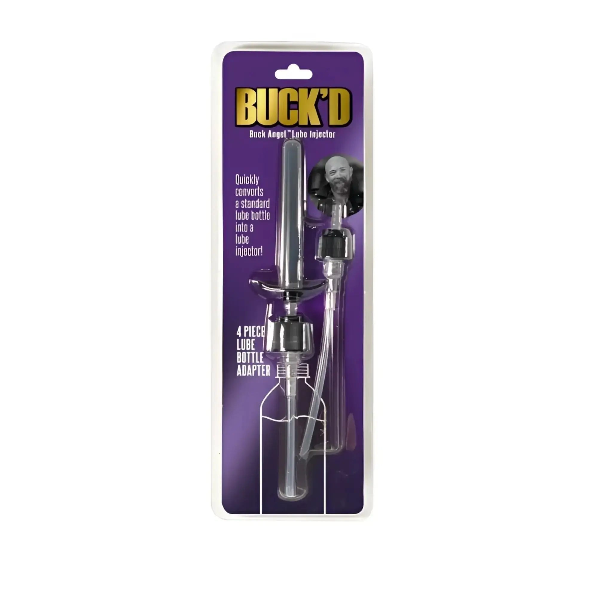 Demon Kat Buckd Lube Injector 4 pc bottle adapter featuring clear plastic bodies and black caps for precise lubrication