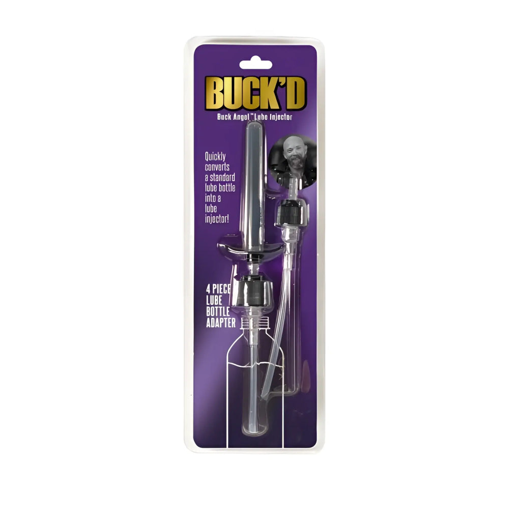 Demon Kat Buckd Lube Injector 4 pc bottle adapter featuring clear plastic bodies and black caps for precise lubrication