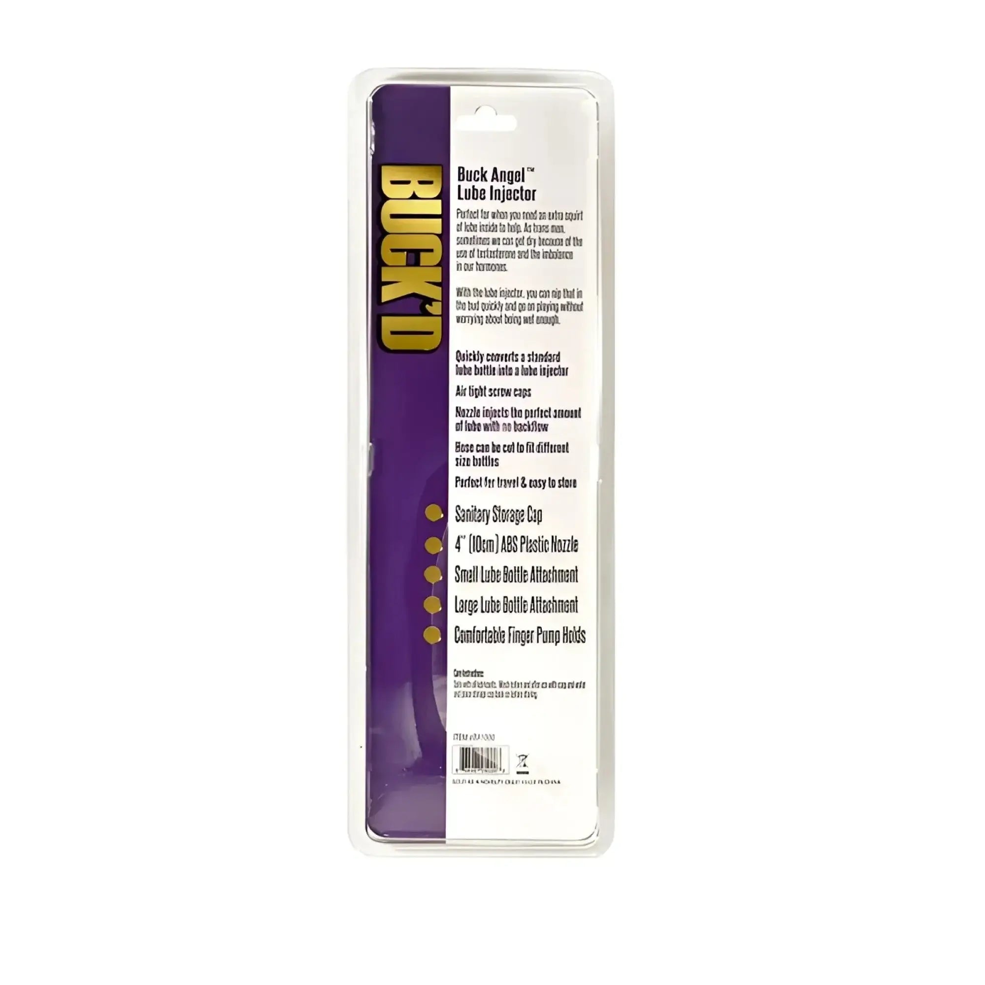Demon Kat Buckd lube injector 4 pc bottle adapter in clear plastic packaging with purple and white labeling