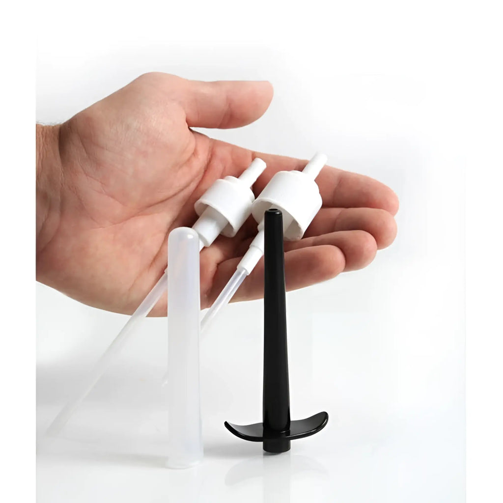 White and black plastic spray nozzle attachments with clear tubing for demon kat buckd lube injector bottle adapter