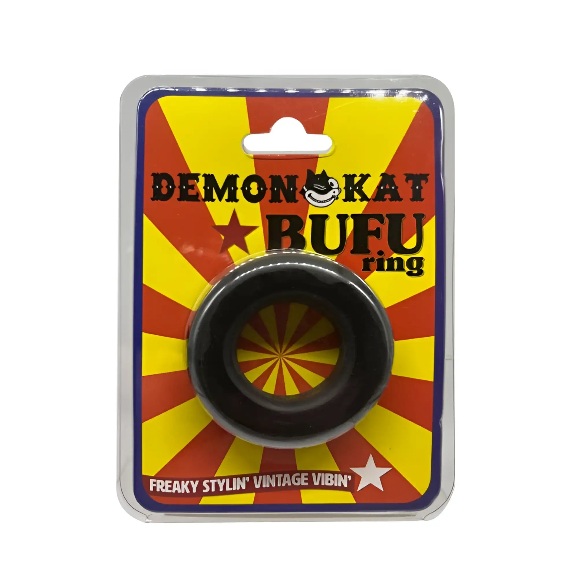 Demon kat bufu ring black in clear plastic packaging with vibrant red and yellow sunburst design