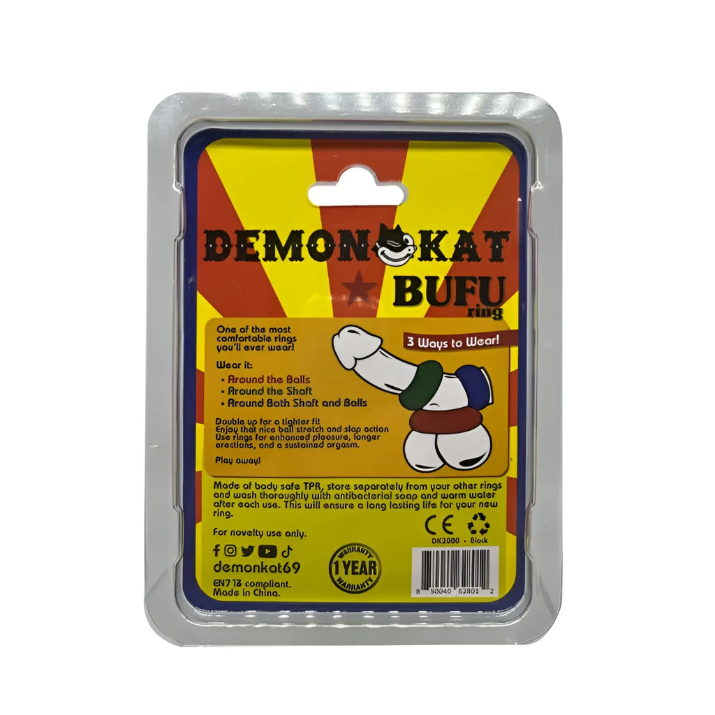 Demon kat bufu ring black adult toy made of body-safe TPR with playful cartoon design and vibrant yellow red packaging
