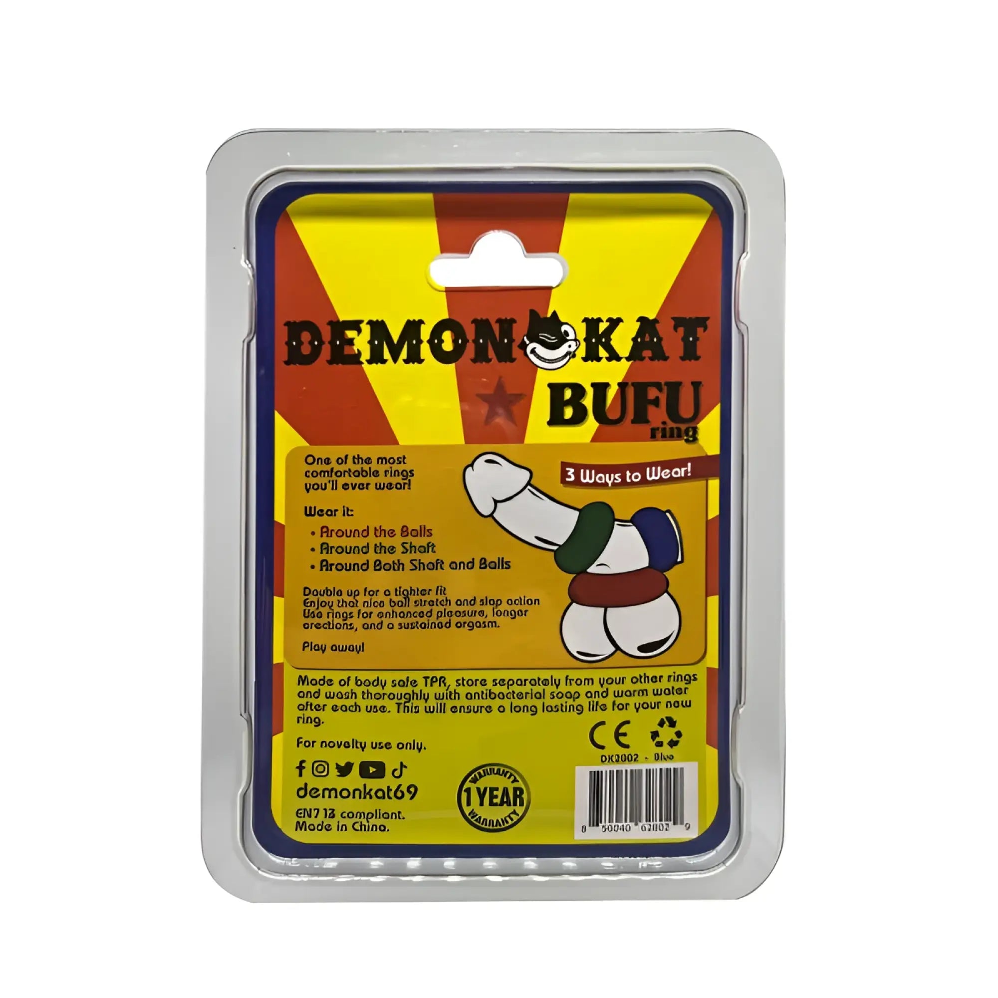 Blue demon kat bufu ring made of body-safe tpr material with cartoon demon mascot on packaging