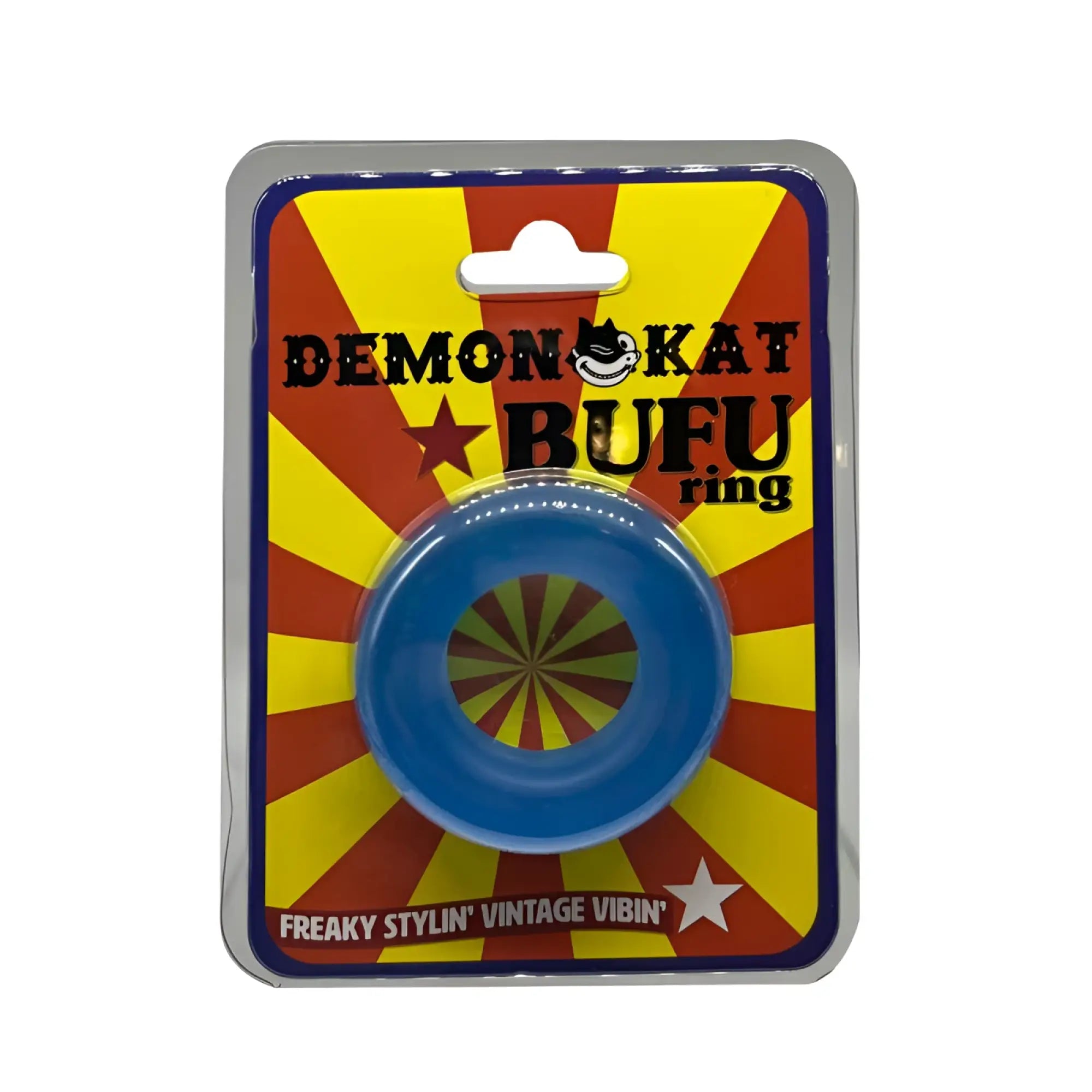 Blue plastic demon kat bufu ring featuring a colorful radial pattern inside for bold statement style