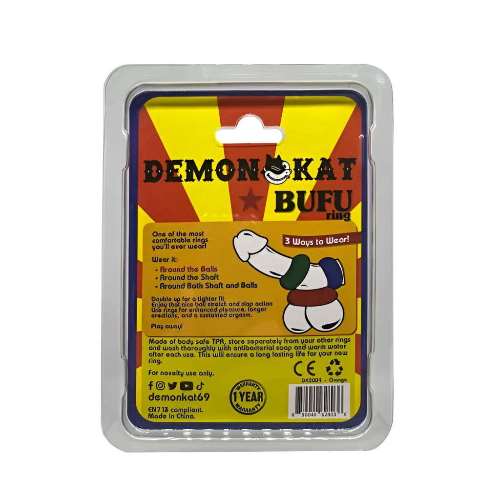 Demon Kat BuFu Ring in orange packaging with yellow accents and cartoon illustration of the product on the box