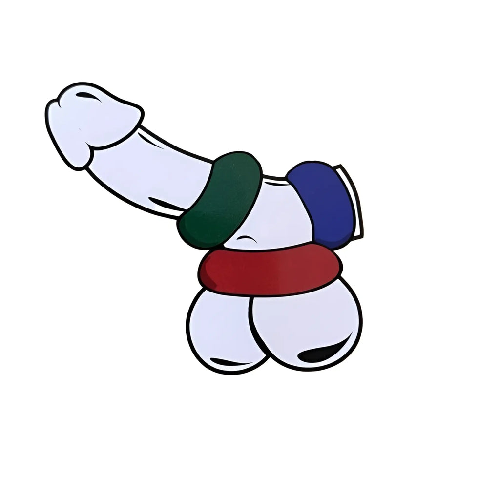White cartoon-style enamel pin featuring a stylized figure with green blue and red bands from demon kat bufu ring orange
