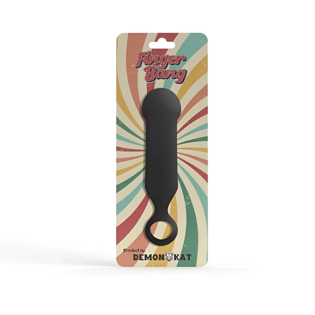Demon kat finger bang black silicone finger bang with circular loop packaged in colorful retro-style card
