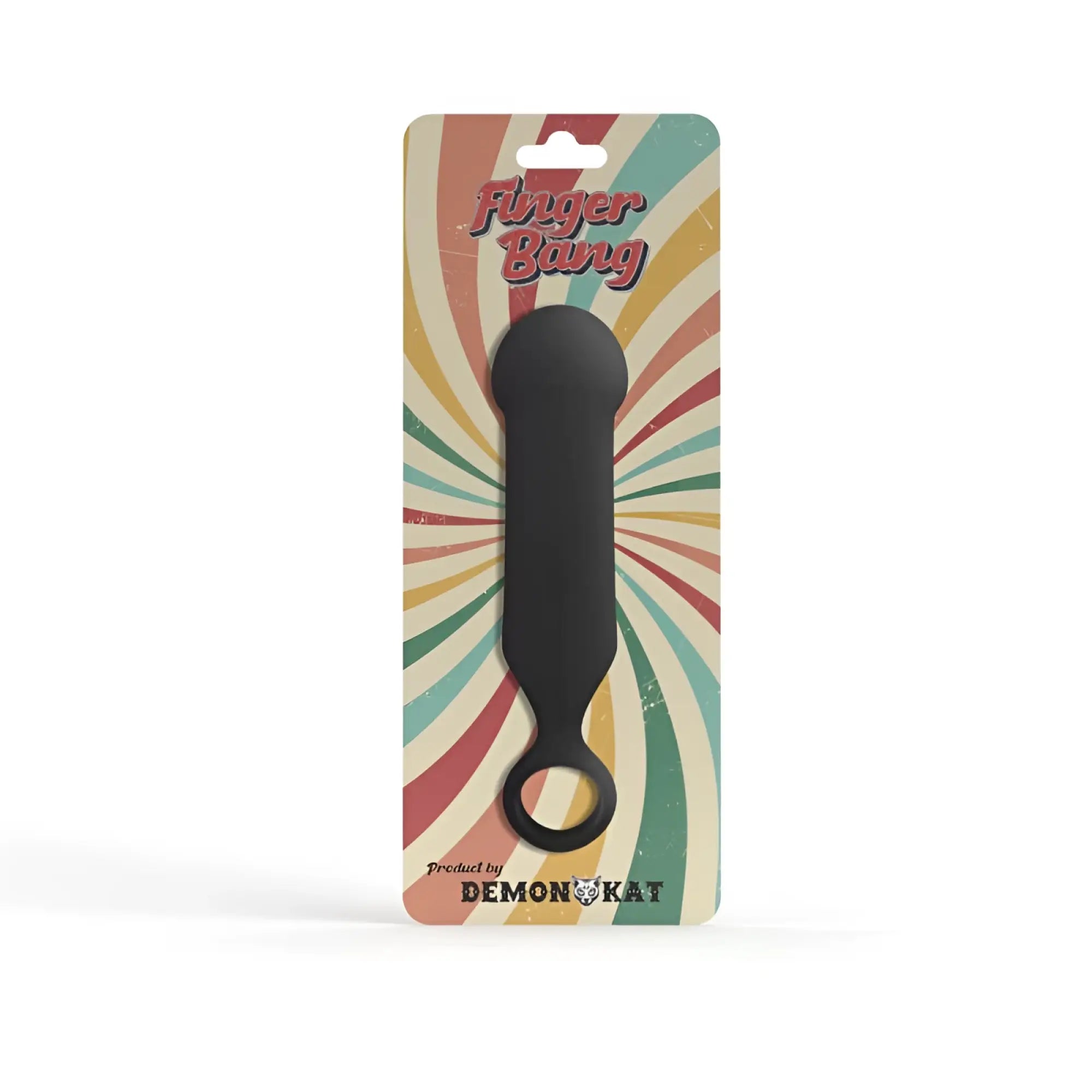 Demon kat finger bang black silicone finger bang with circular loop packaged in colorful retro-style card