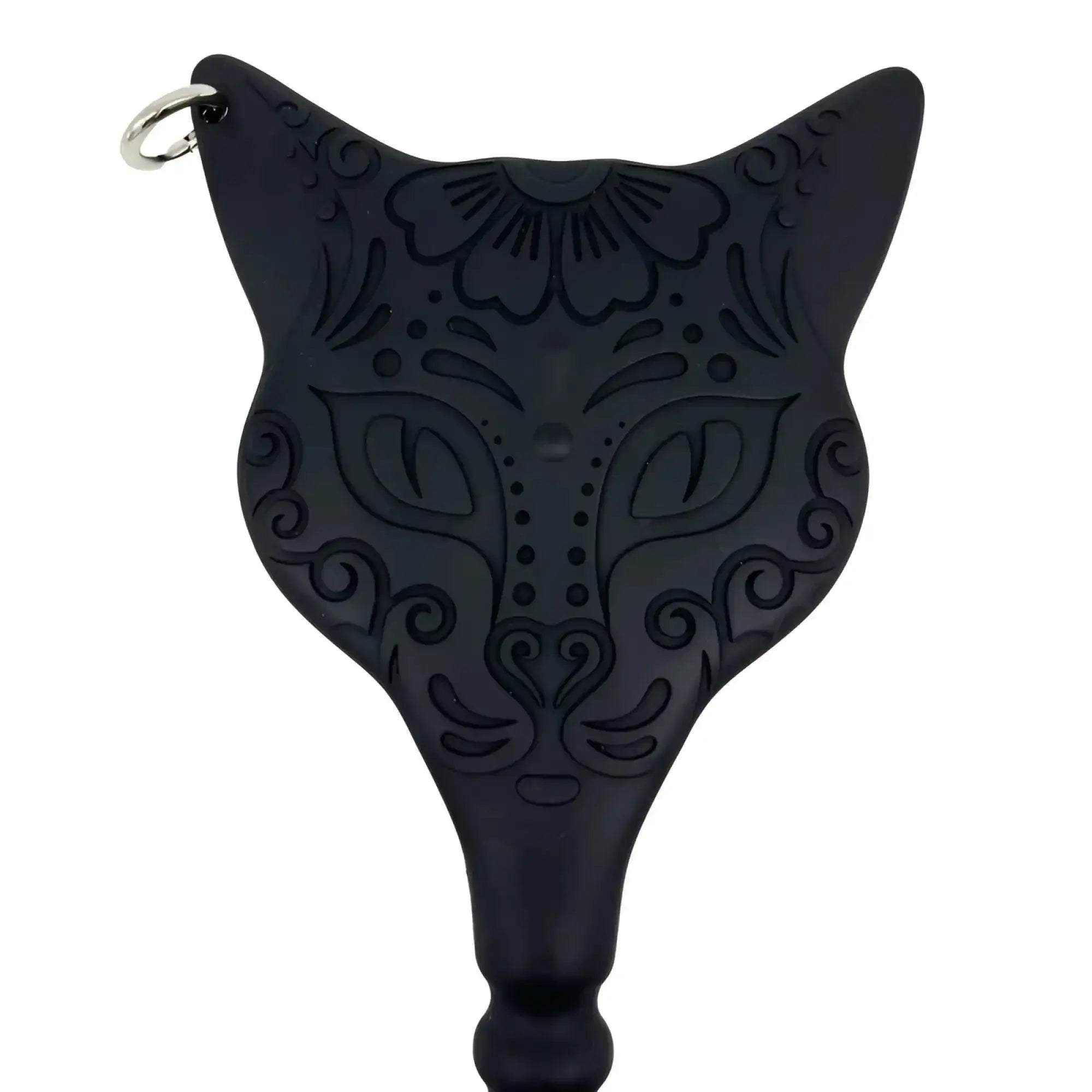 Black cat-shaped demon kat paddle dildo keychain with intricate floral and swirl patterns etched on black surface