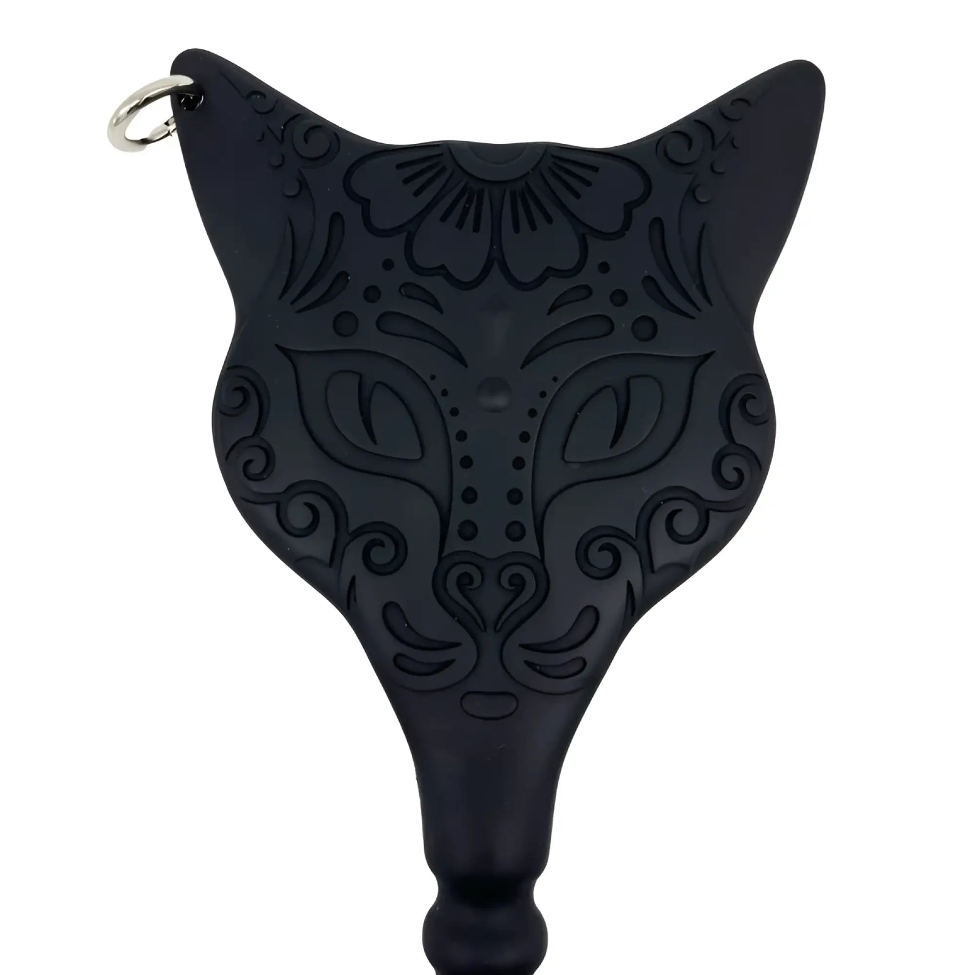 Black cat-shaped demon kat paddle dildo keychain with intricate floral and swirl patterns etched on black surface