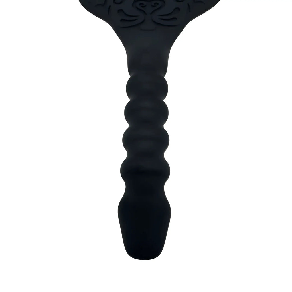 Black silicone Demon Kat Demon Kat paddle dildo anal plug with textured ridges and engraved tiger face design at top