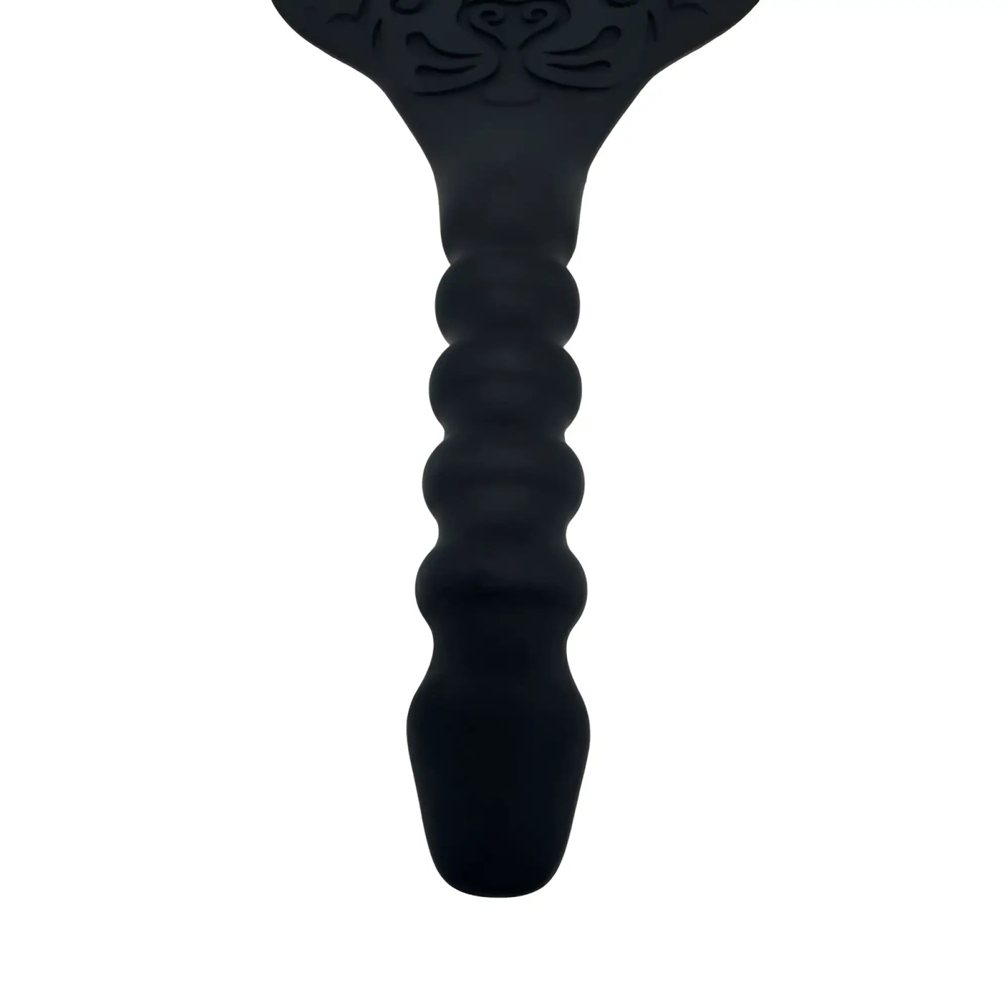 Black silicone Demon Kat Demon Kat paddle dildo anal plug with textured ridges and engraved tiger face design at top
