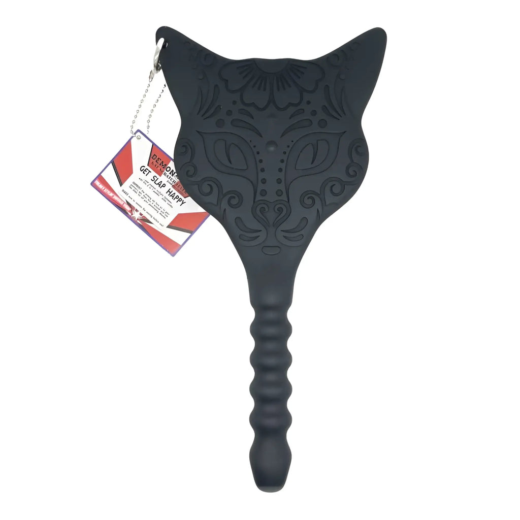 Black silicone cat-shaped slap toy paddle dildo with intricate floral and dot patterns demon kat design
