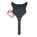 Black silicone cat-shaped slap toy paddle dildo with intricate floral and dot patterns demon kat design