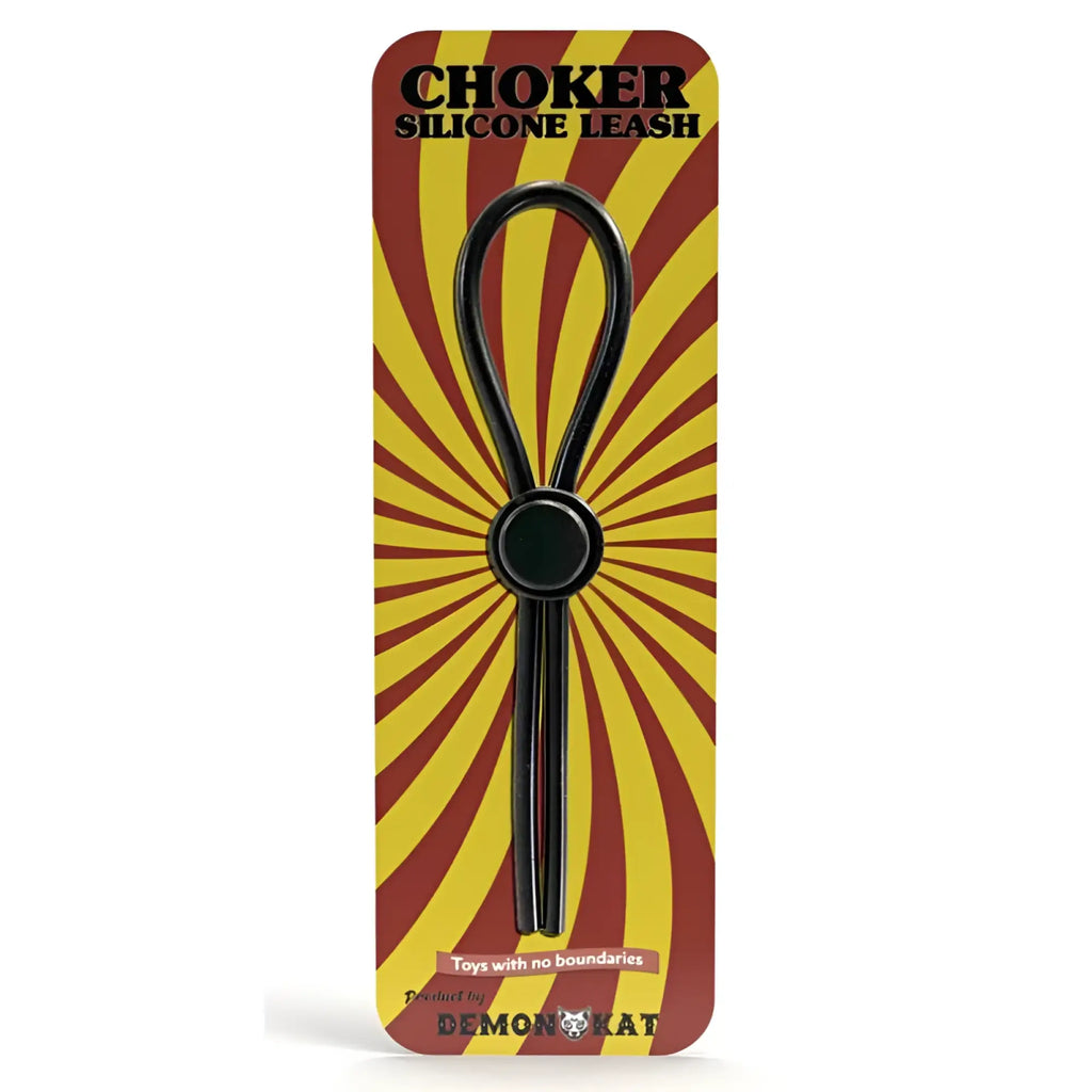 Black silicone demon kat choker leash with central circular button and two vertical straps for secure wear