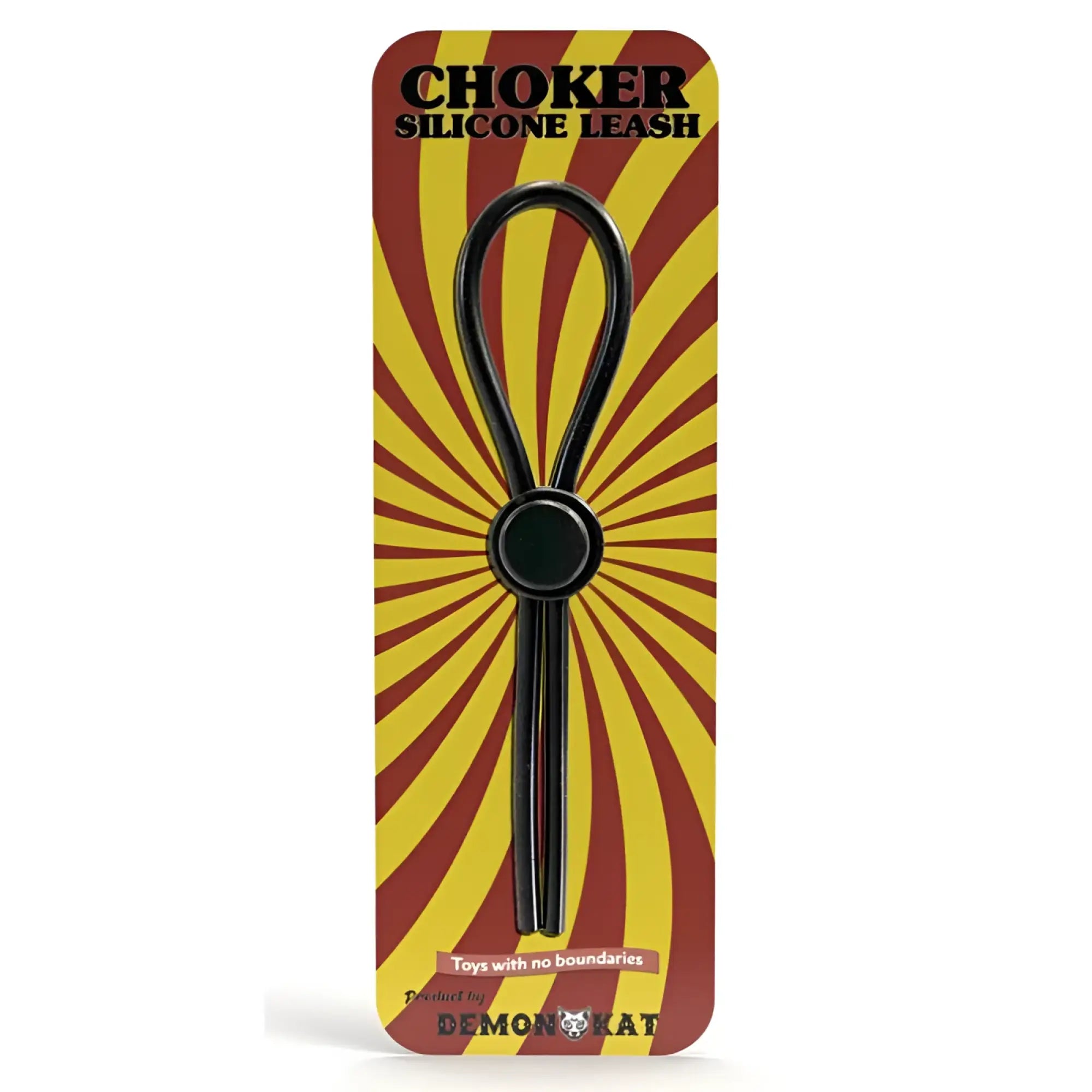 Black silicone demon kat choker leash with central circular button and two vertical straps for secure wear