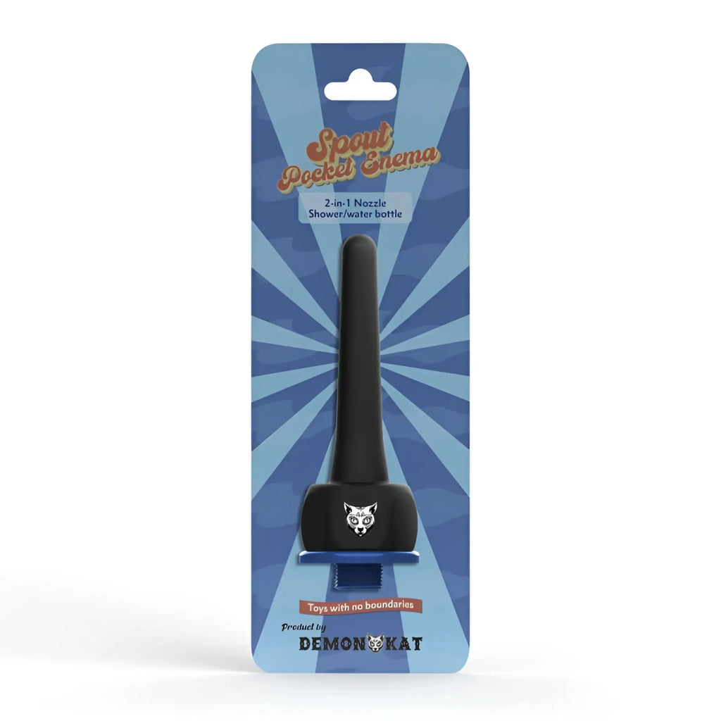 Black plastic 2-in-1 shower and water bottle nozzle with cat face emblem in blue cardboard sleeve for demon kat spout pocket enema