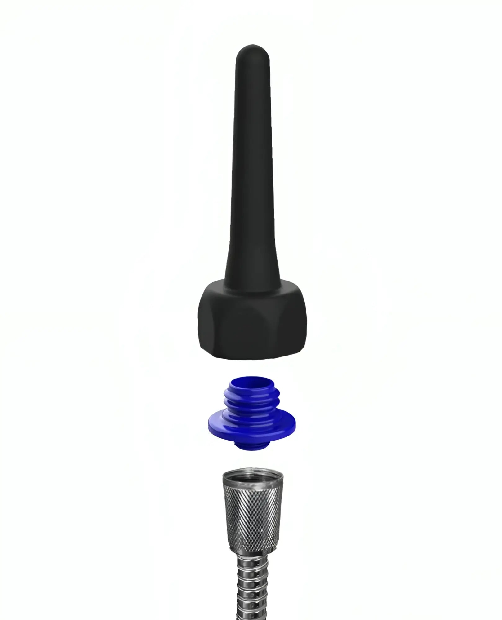 Black plastic nozzle with blue threaded cap and metallic textured connector for demon kat spout pocket enema