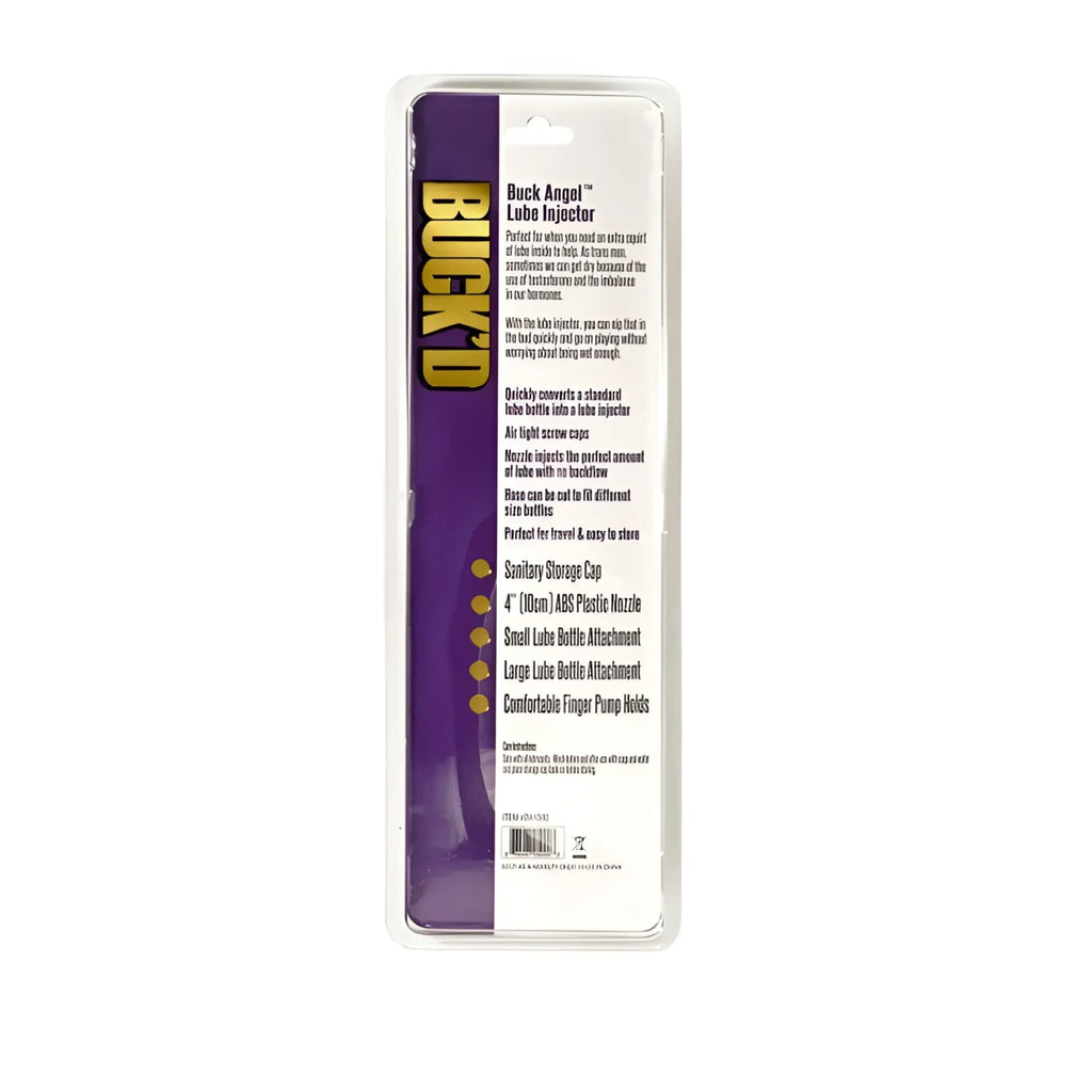 Demon kat spout silicone lube injector in purple and white packaging with clear plastic window by buck angel