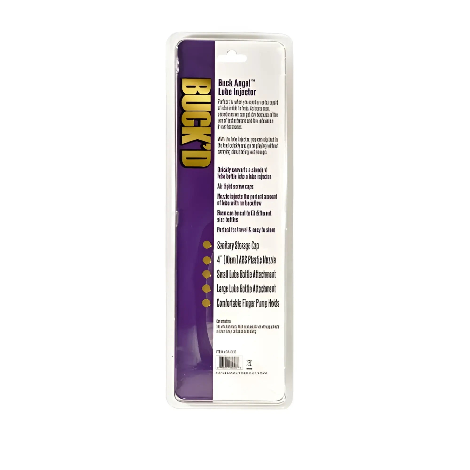 Demon kat spout silicone lube injector in purple and white packaging with clear plastic window by buck angel