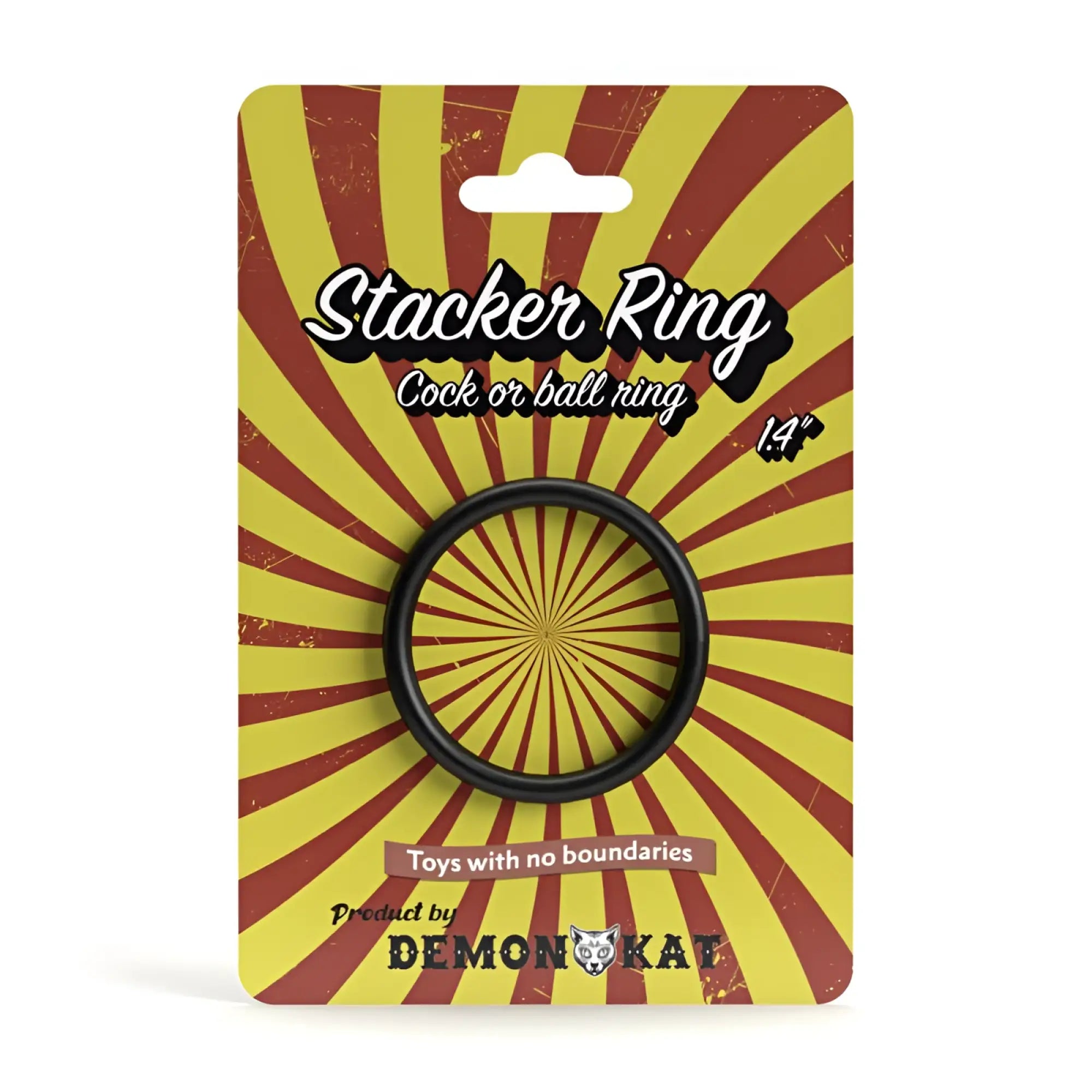 Black silicone stacker ring 1.4in 35mm in yellow and red sunburst demon kat stacker ring package