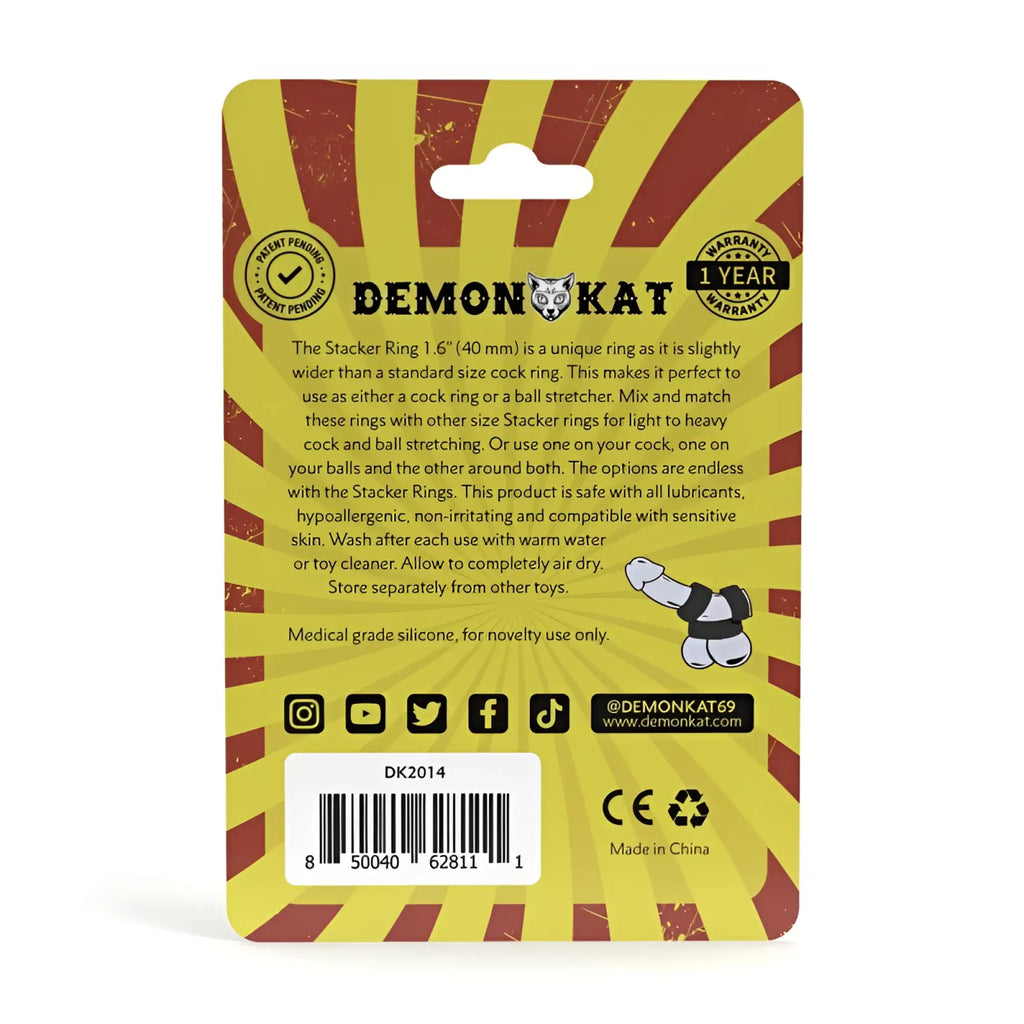 Demon Kat stacker ring 1.6 inch made of black and white medical grade silicone with cartoon demon cat logo packaging